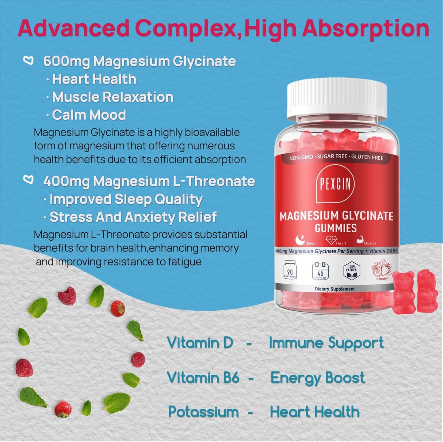 High Absorption Magnesium Glycinate Gummies - 1000mg Complex for Adults & Kids, Sugar Free with Potassium & Vitamins - Calm, Sleep, Stress Relief - 90 Count