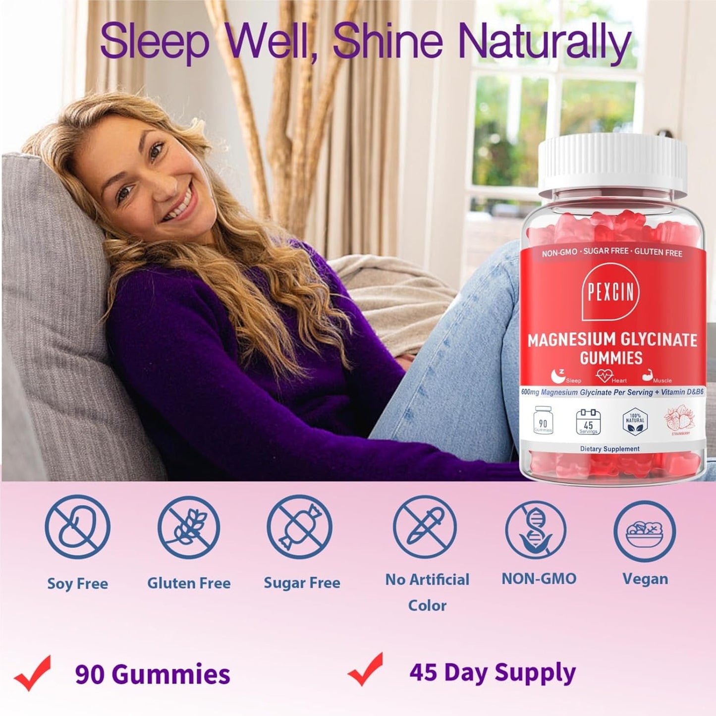 High Absorption Magnesium Glycinate Gummies - 1000mg Complex for Adults & Kids, Sugar Free with Potassium & Vitamins - Calm, Sleep, Stress Relief - 90 Count
