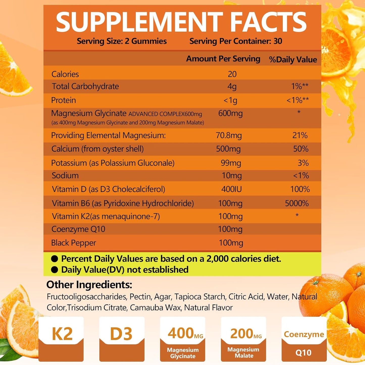 High Absorption Magnesium Gummies 600mg with K2 & D3 for Sleep, Stress Relief, Nerve Support - Orange Flavored (60 CT)