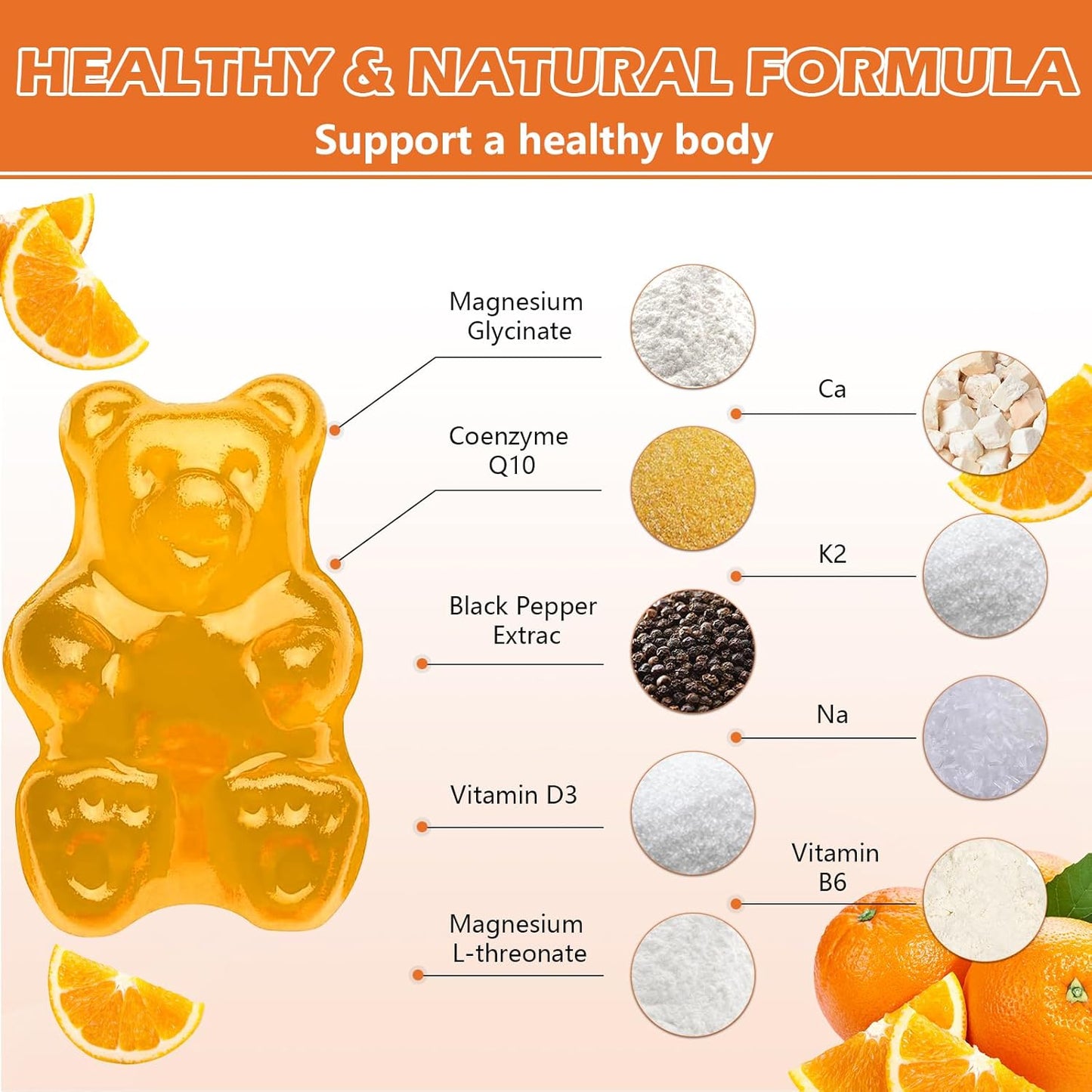 High Absorption Magnesium Gummies 600mg with K2 & D3 for Sleep, Stress Relief, Nerve Support - Orange Flavored (60 CT)