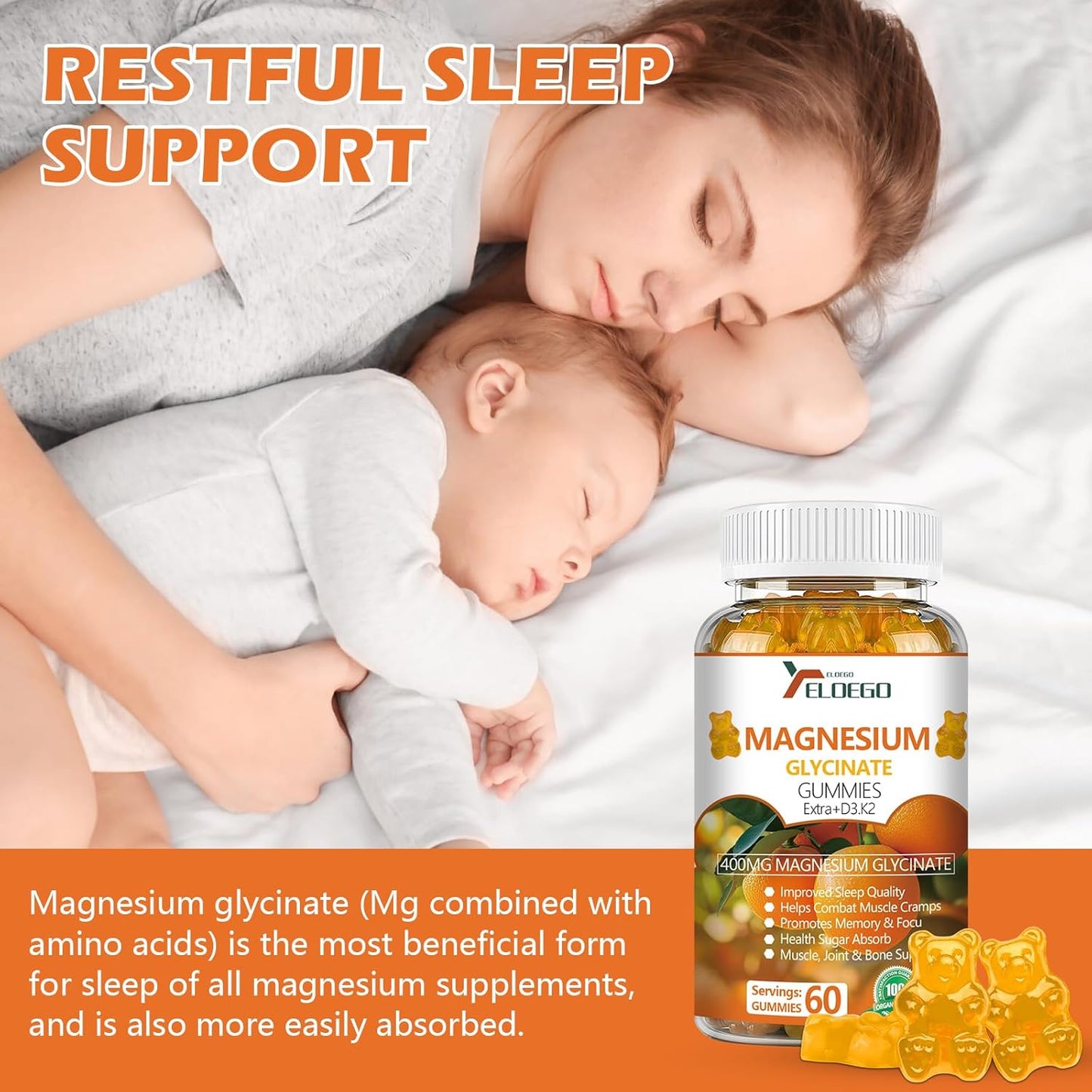 High Absorption Magnesium Gummies 600mg with K2 & D3 for Sleep, Stress Relief, Nerve Support - Orange Flavored (60 CT)