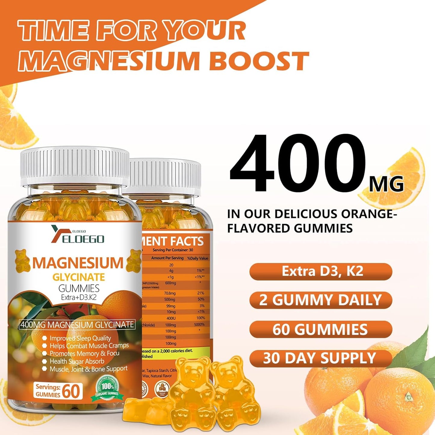 High Absorption Magnesium Gummies 600mg with K2 & D3 for Sleep, Stress Relief, Nerve Support - Orange Flavored (60 CT)