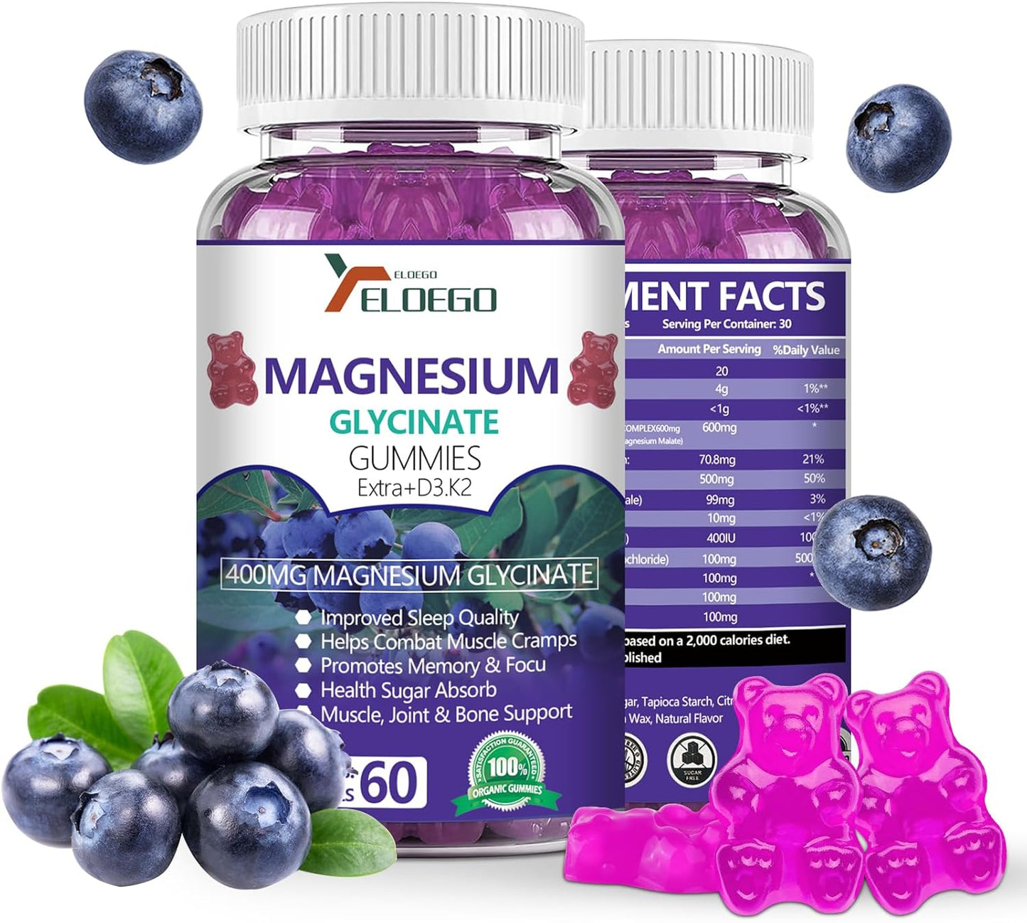 High Absorption Magnesium Gummies with K2 & D3 for Sleep, Stress Relief, Nerve Support - 600mg per Serving - Blueberries - 60 CT