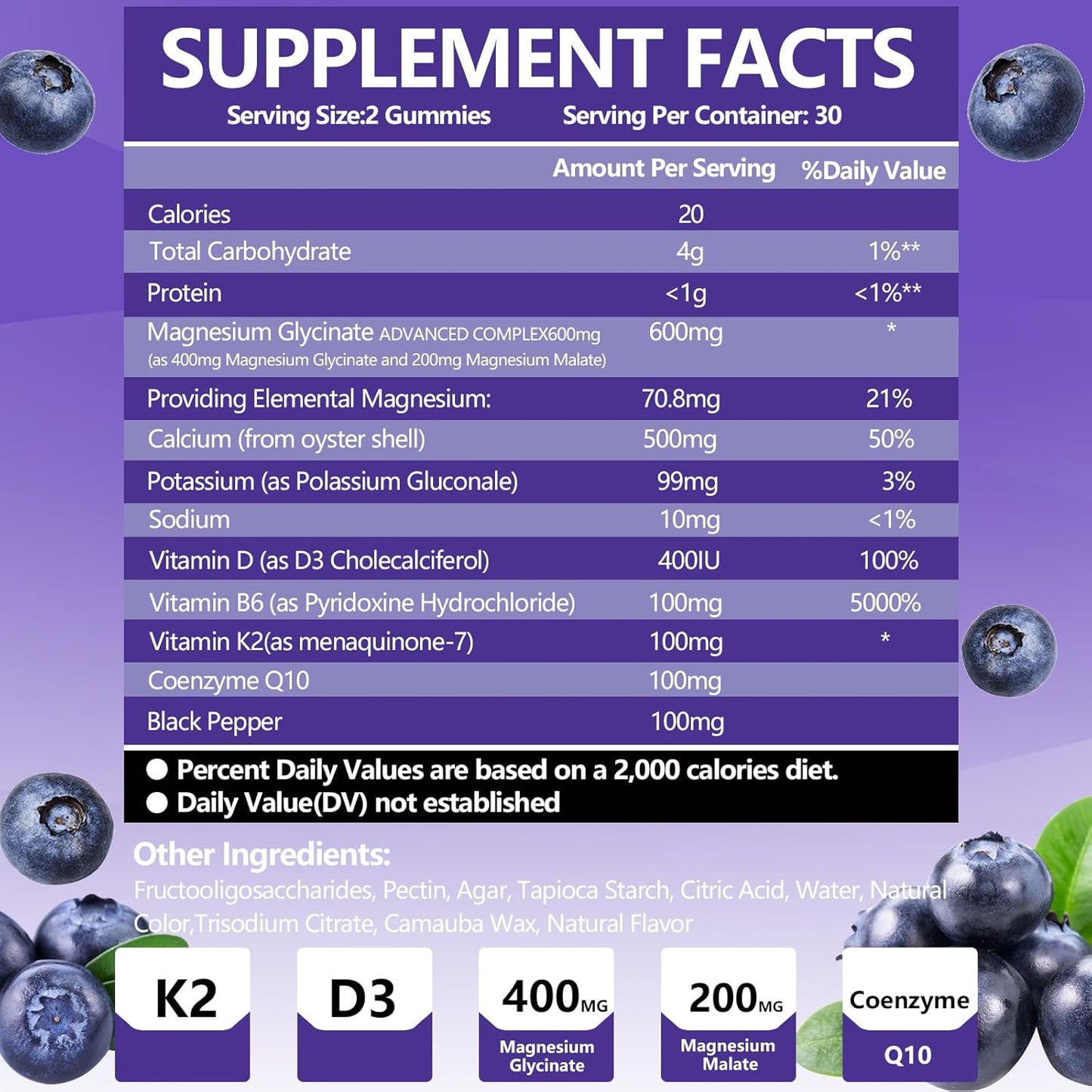 High Absorption Magnesium Gummies with K2 & D3 for Sleep, Stress Relief, Nerve Support - 600mg per Serving - Blueberries - 60 CT