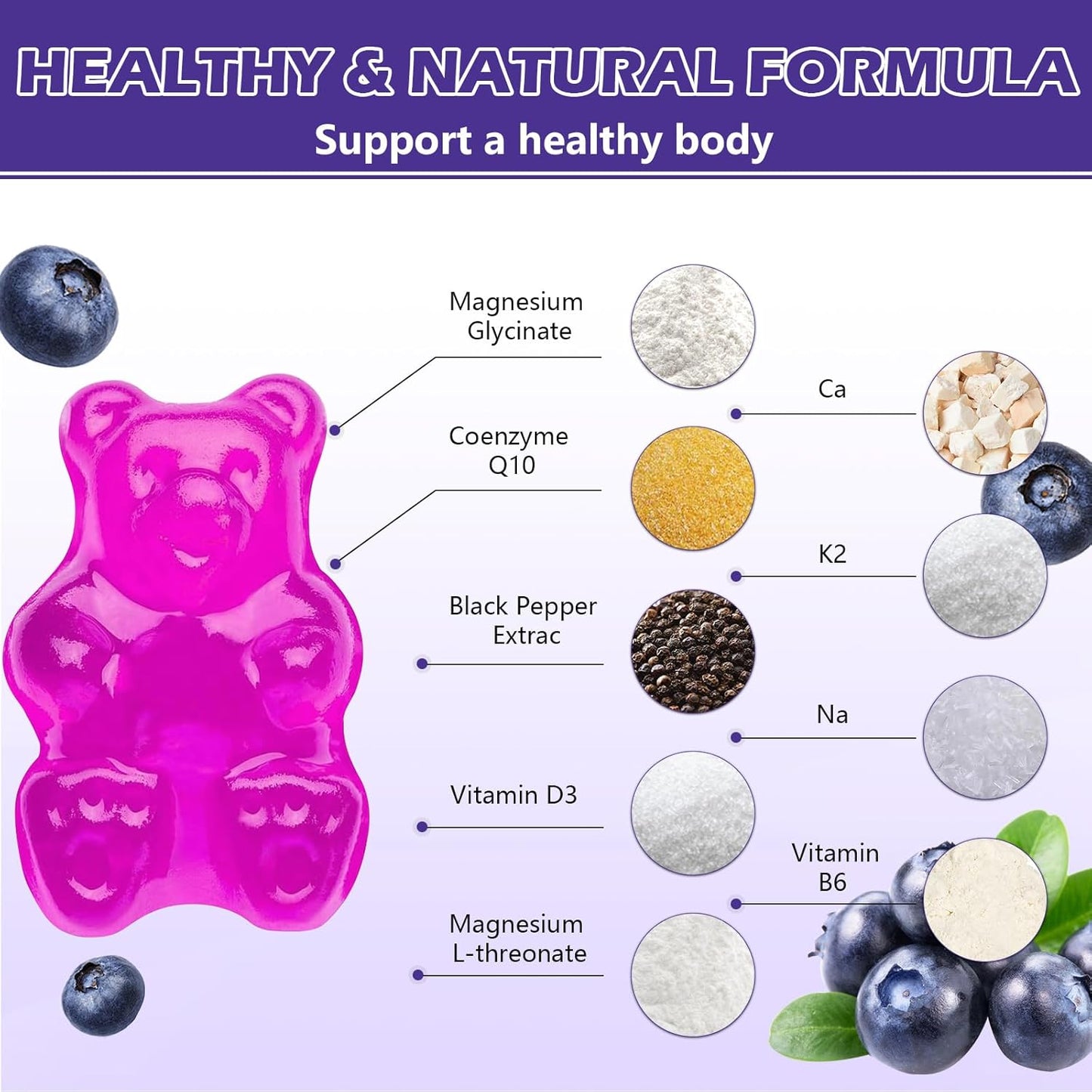High Absorption Magnesium Gummies with K2 & D3 for Sleep, Stress Relief, Nerve Support - 600mg per Serving - Blueberries - 60 CT