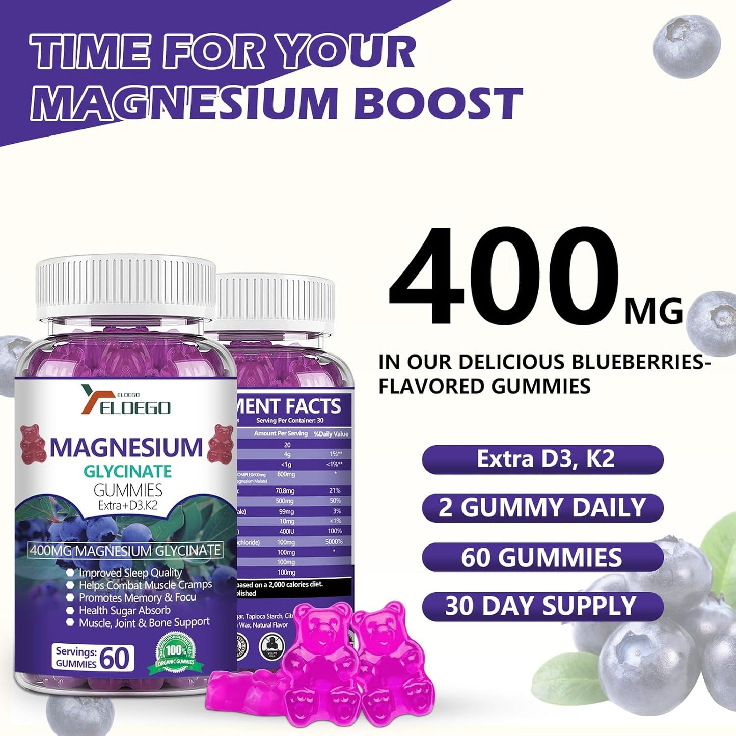 High Absorption Magnesium Gummies with K2 & D3 for Sleep, Stress Relief, Nerve Support - 600mg per Serving - Blueberries - 60 CT