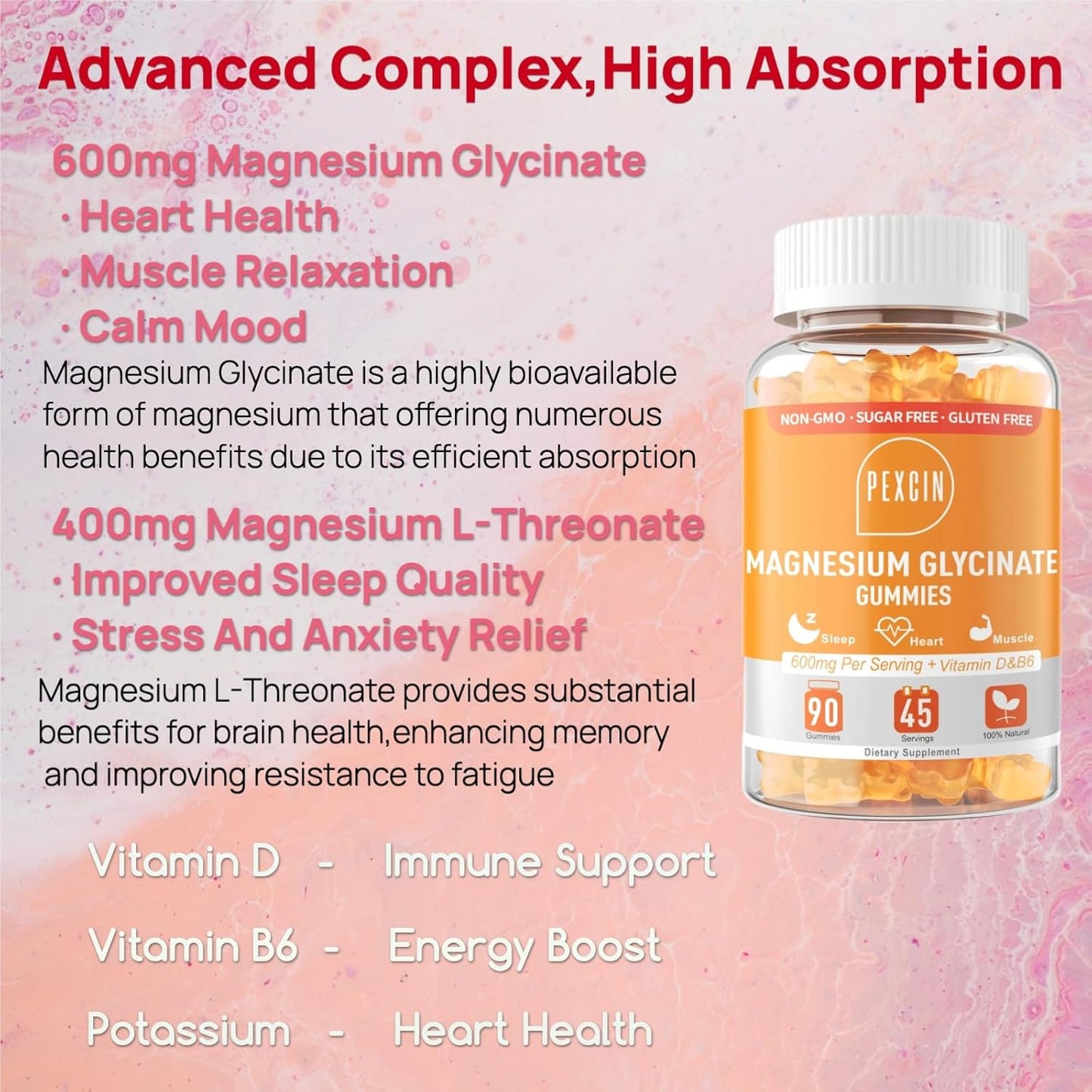High Absorption PEXCIN Magnesium Glycinate Gummies - 1000mg Complex Supplement for Calm & Better Sleep - Sugar Free, Potassium, Vitamin D&B6 - 90 Counts Orange - Adults & Kids