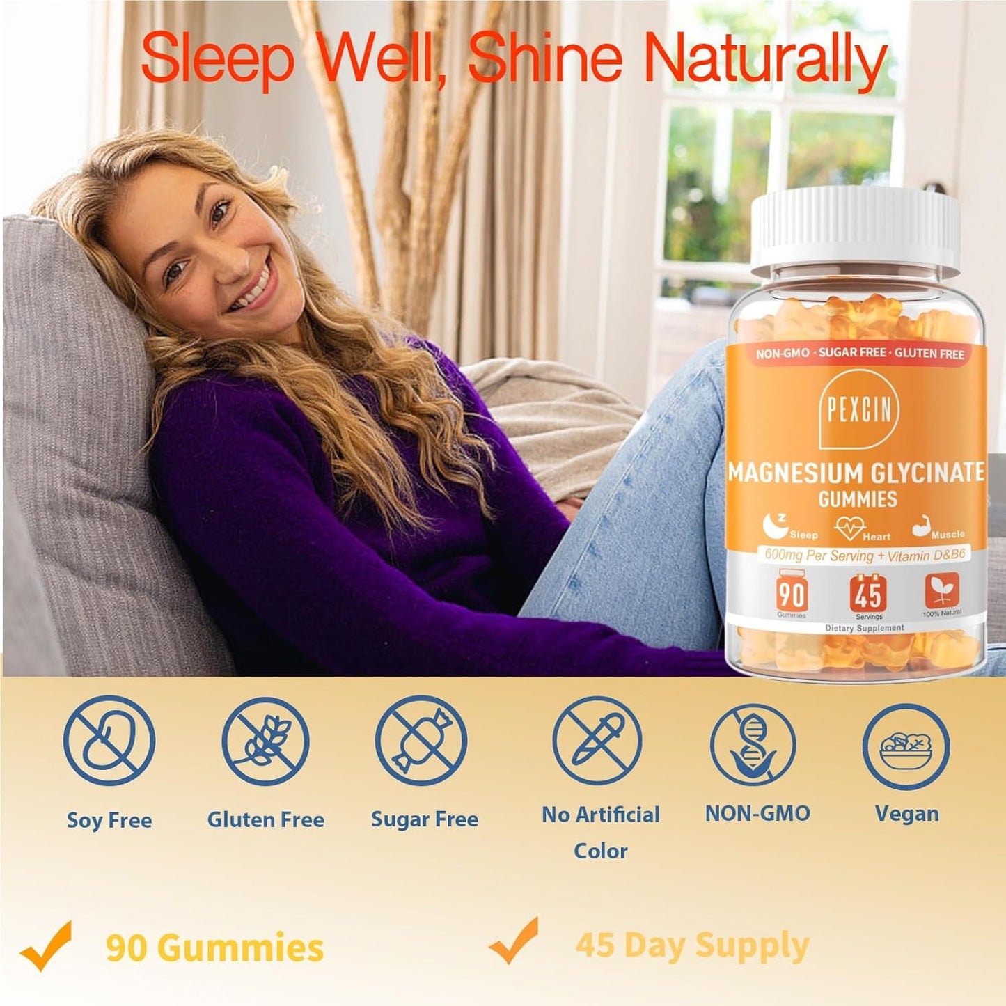 High Absorption PEXCIN Magnesium Glycinate Gummies - 1000mg Complex Supplement for Calm & Better Sleep - Sugar Free, Potassium, Vitamin D&B6 - 90 Counts Orange - Adults & Kids