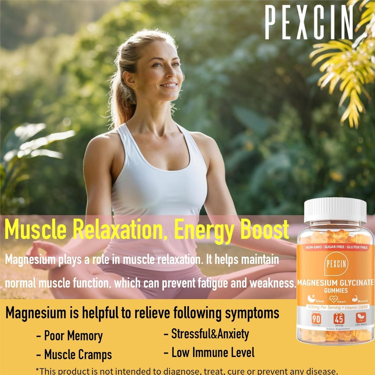 High Absorption PEXCIN Magnesium Glycinate Gummies - 1000mg Complex Supplement for Calm & Better Sleep - Sugar Free, Potassium, Vitamin D&B6 - 90 Counts Orange - Adults & Kids