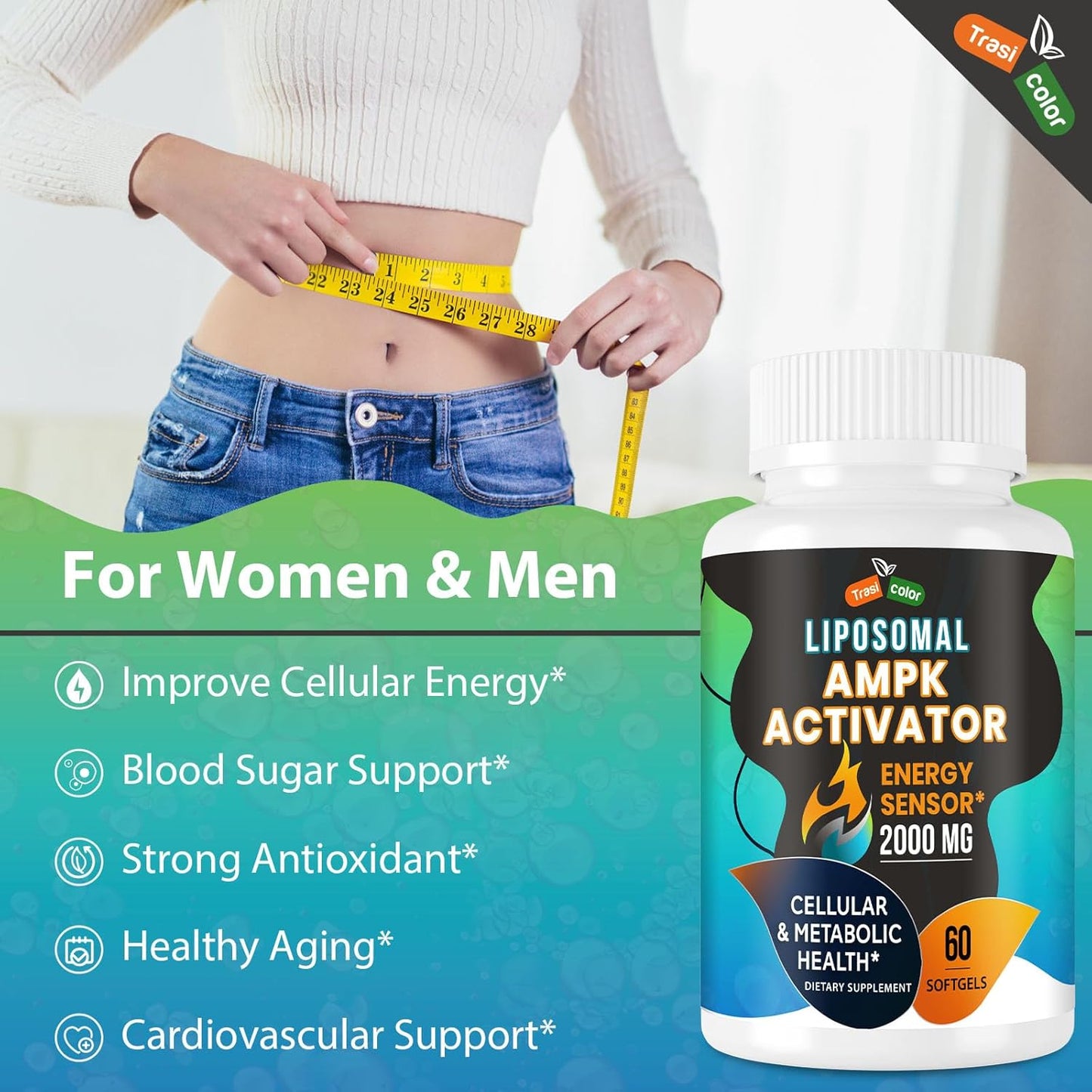 High Absorption Trasicolor AMPK Activator Supplement 2000mg Softgels - Liposomal Technology with Berberine, DIM, Resveratrol, Quercetin, Milk Thistle, Cinnamon - Energy & Cellular Support - 120 Count