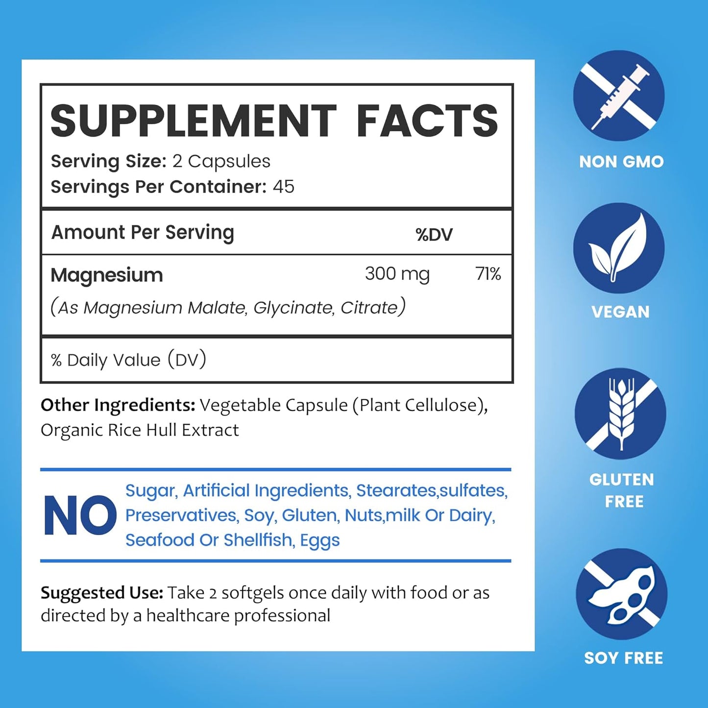 High Absorption Triple Magnesium Complex 300mg | Magnesium Glycinate, Malate Supplement for Nerves, Energy, Muscle Health | Vegan, Non-GMO 180 Capsules