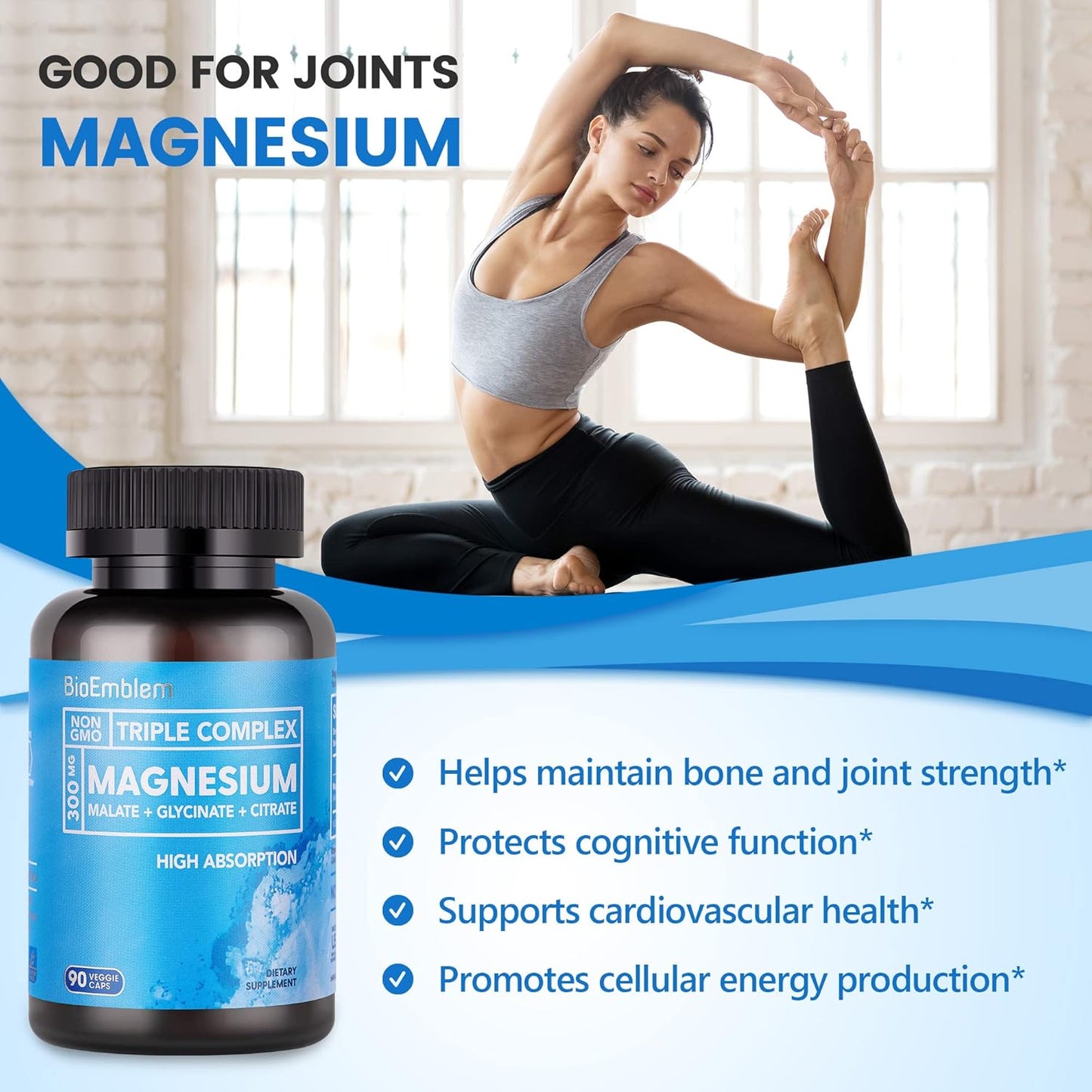 High Absorption Triple Magnesium Complex 300mg | Magnesium Glycinate, Malate Supplement for Nerves, Energy, Muscle Health | Vegan, Non-GMO 180 Capsules