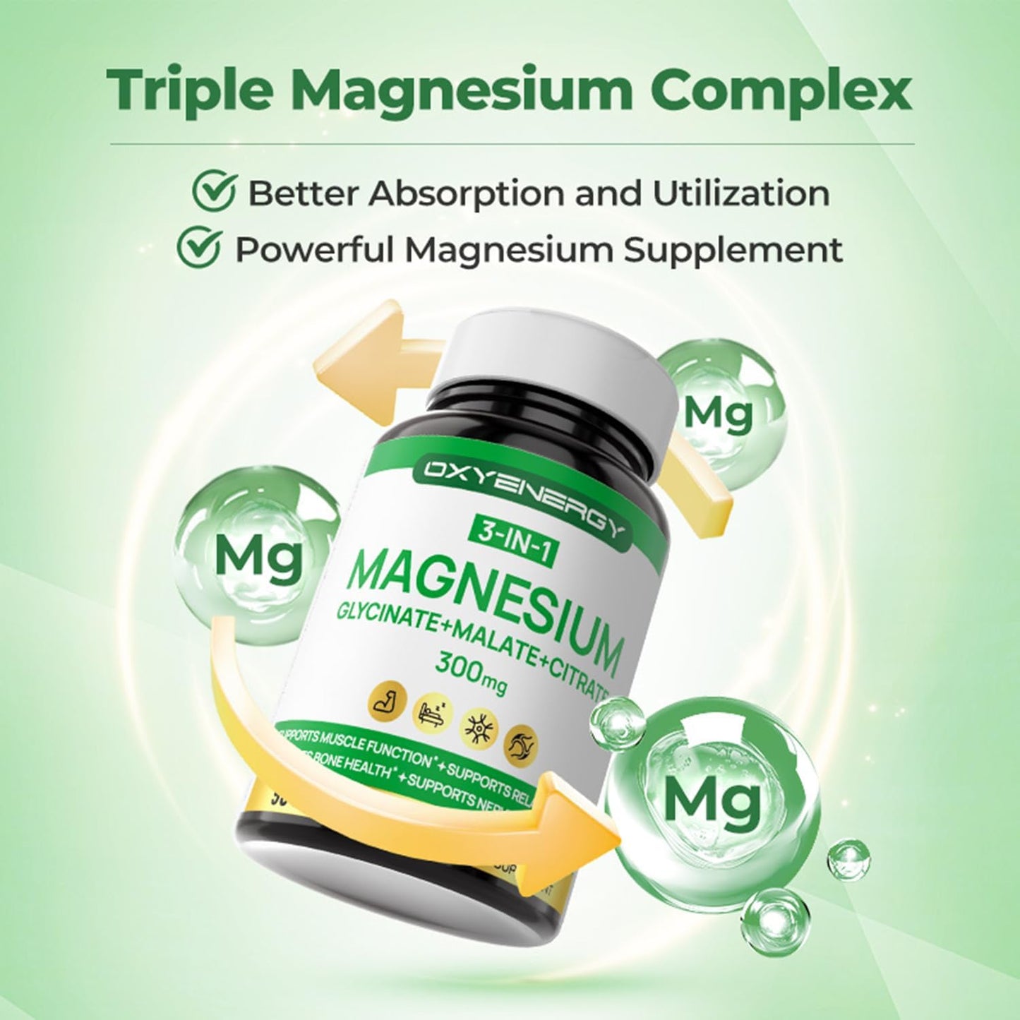 High Absorption Triple Magnesium Complex Supplement with Glycinate Malate Citrate - 90 Capsules, Vegan Formula