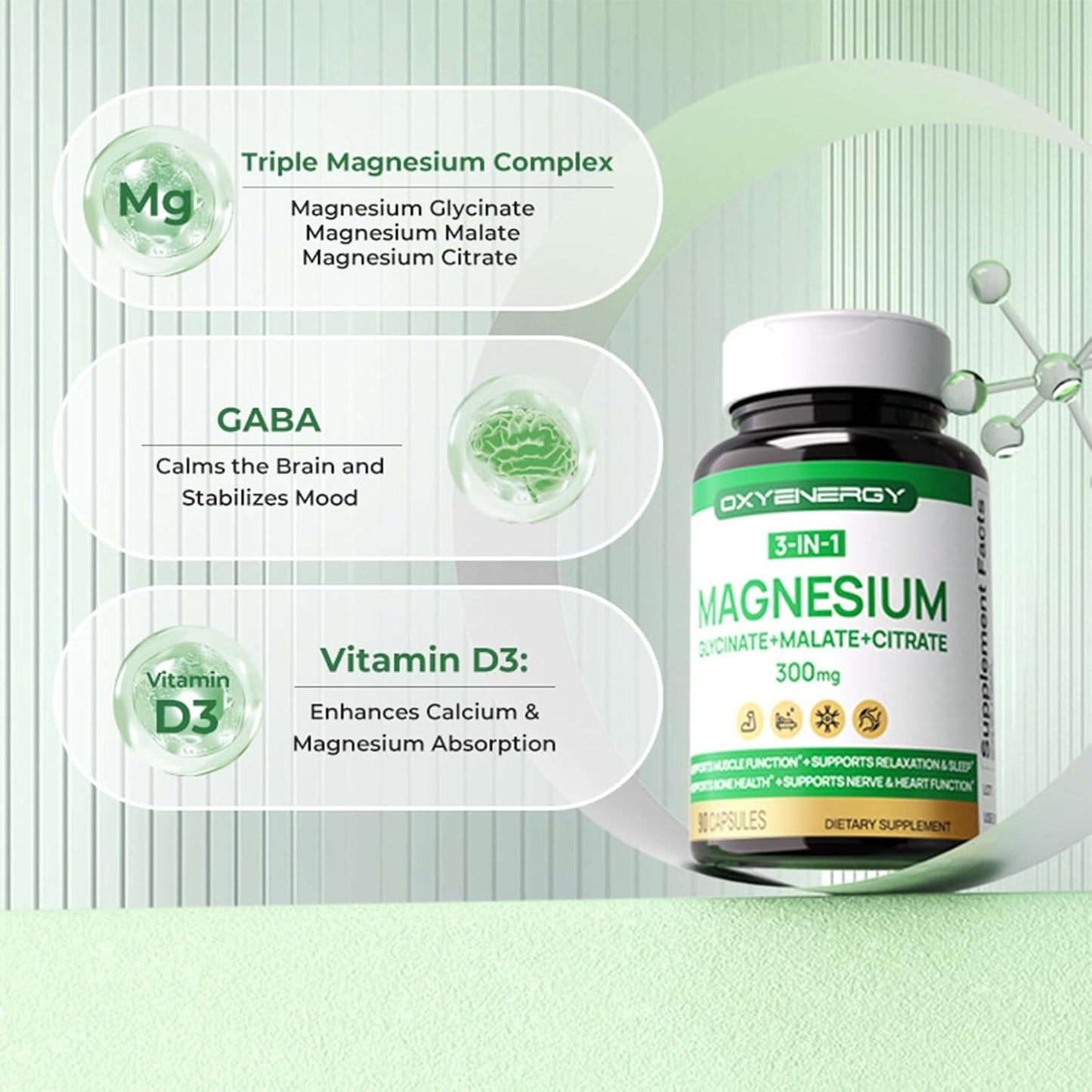 High Absorption Triple Magnesium Complex Supplement with Glycinate Malate Citrate - 90 Capsules, Vegan Formula