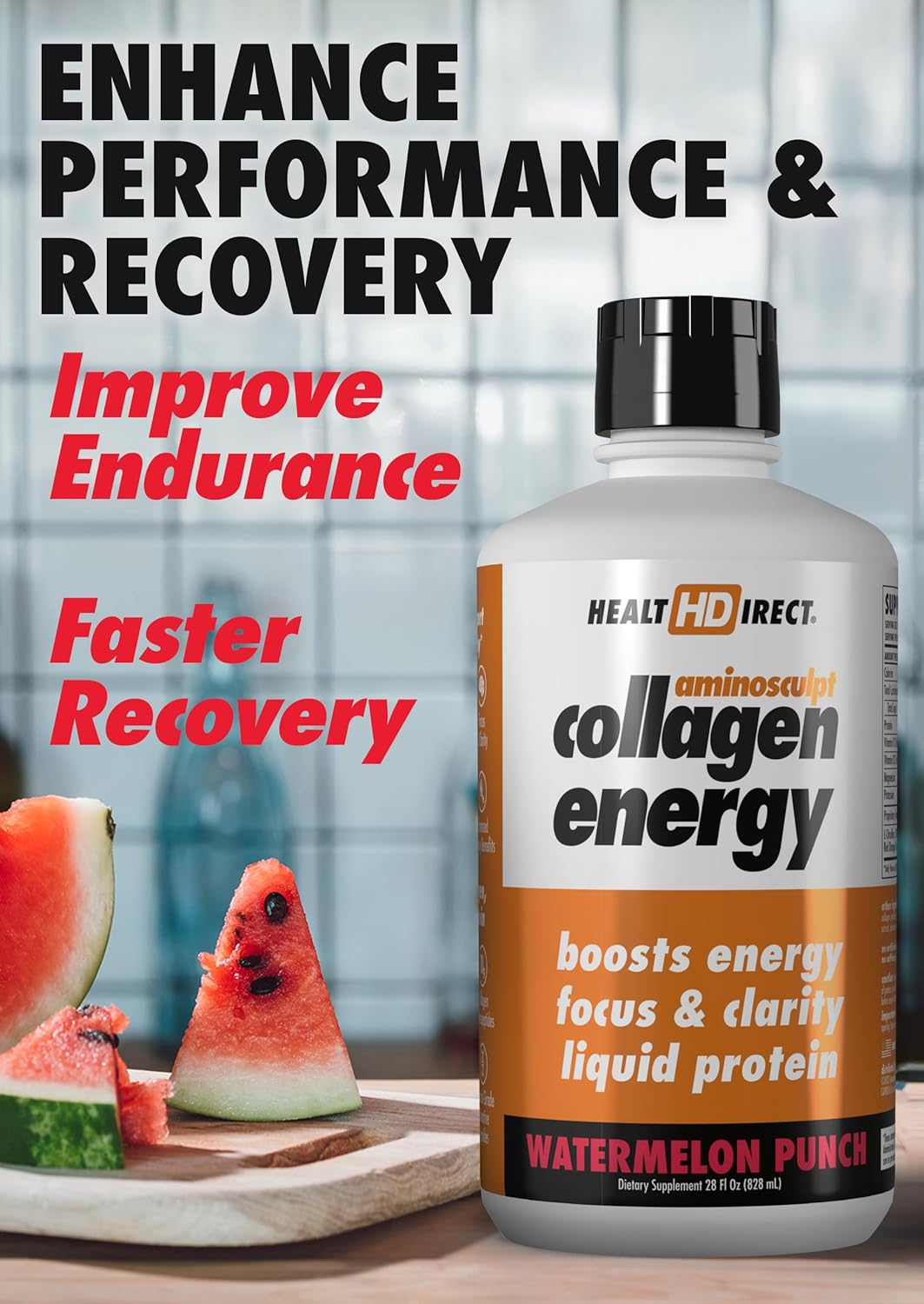 High-Energy Liquid Collagen: AminoSculpt Collagen Energy Watermelon Punch - 28 Fl Oz - Boosts Energy, Focus, and Clarity - Supports Hair, Skin, and Nails