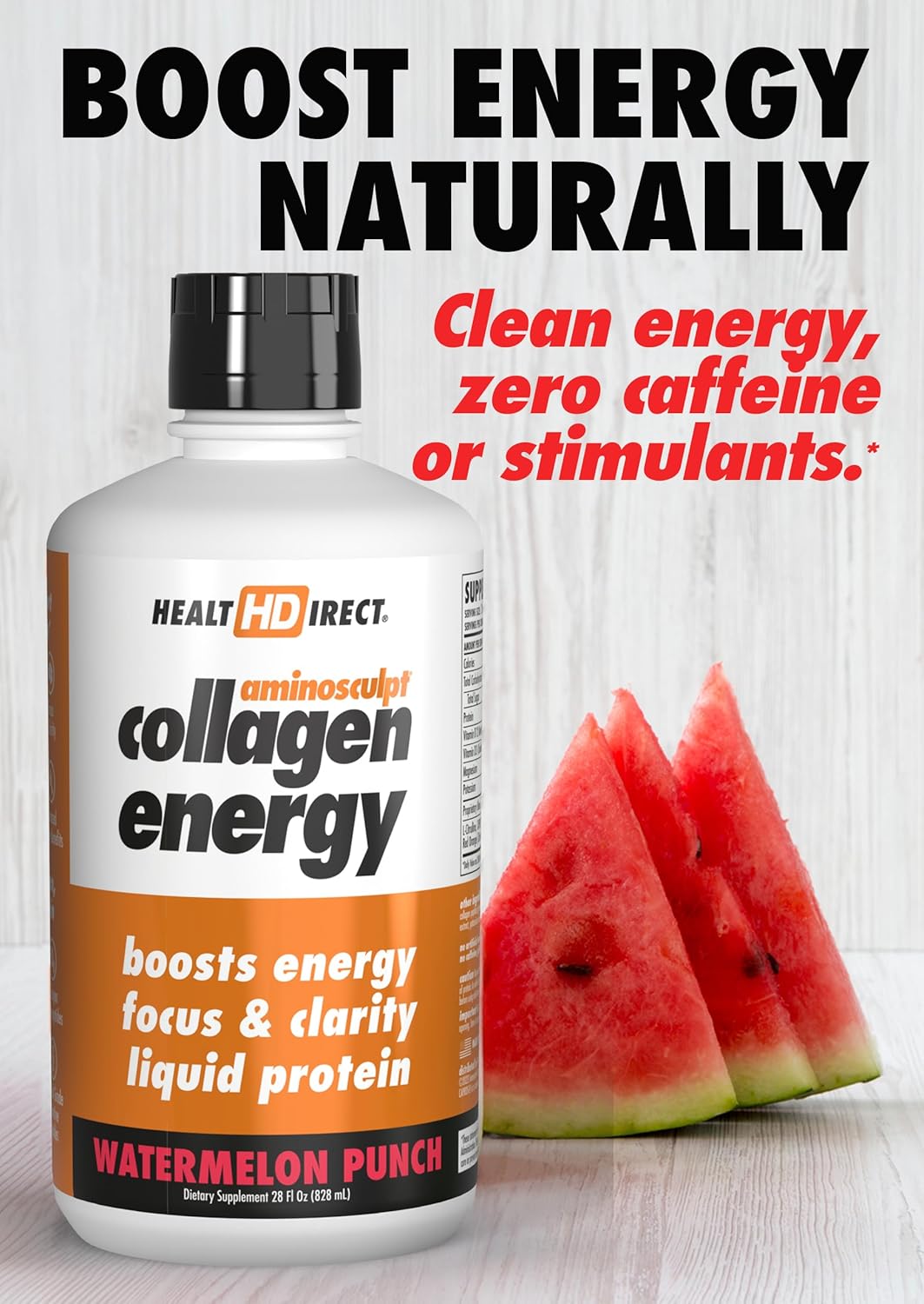 High-Energy Liquid Collagen: AminoSculpt Collagen Energy Watermelon Punch - 28 Fl Oz - Boosts Energy, Focus, and Clarity - Supports Hair, Skin, and Nails