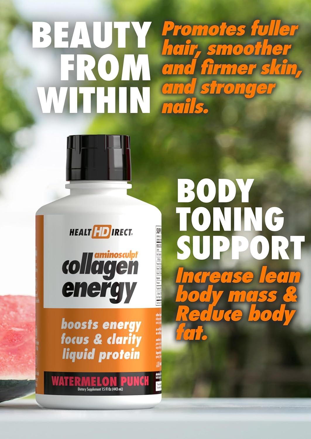 High-Energy Liquid Collagen: AminoSculpt Collagen Energy Watermelon Punch - 28 Fl Oz - Boosts Energy, Focus, and Clarity - Supports Hair, Skin, and Nails