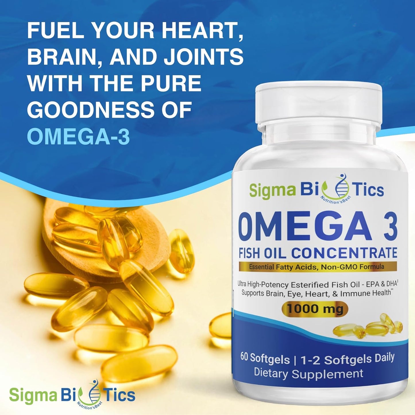 High EPA & DHA Concentration Omega 3 Fish Oil Supplements for Heart, Brain & Joint Health - Non-GMO, Purity-Tested - 60 Softgels