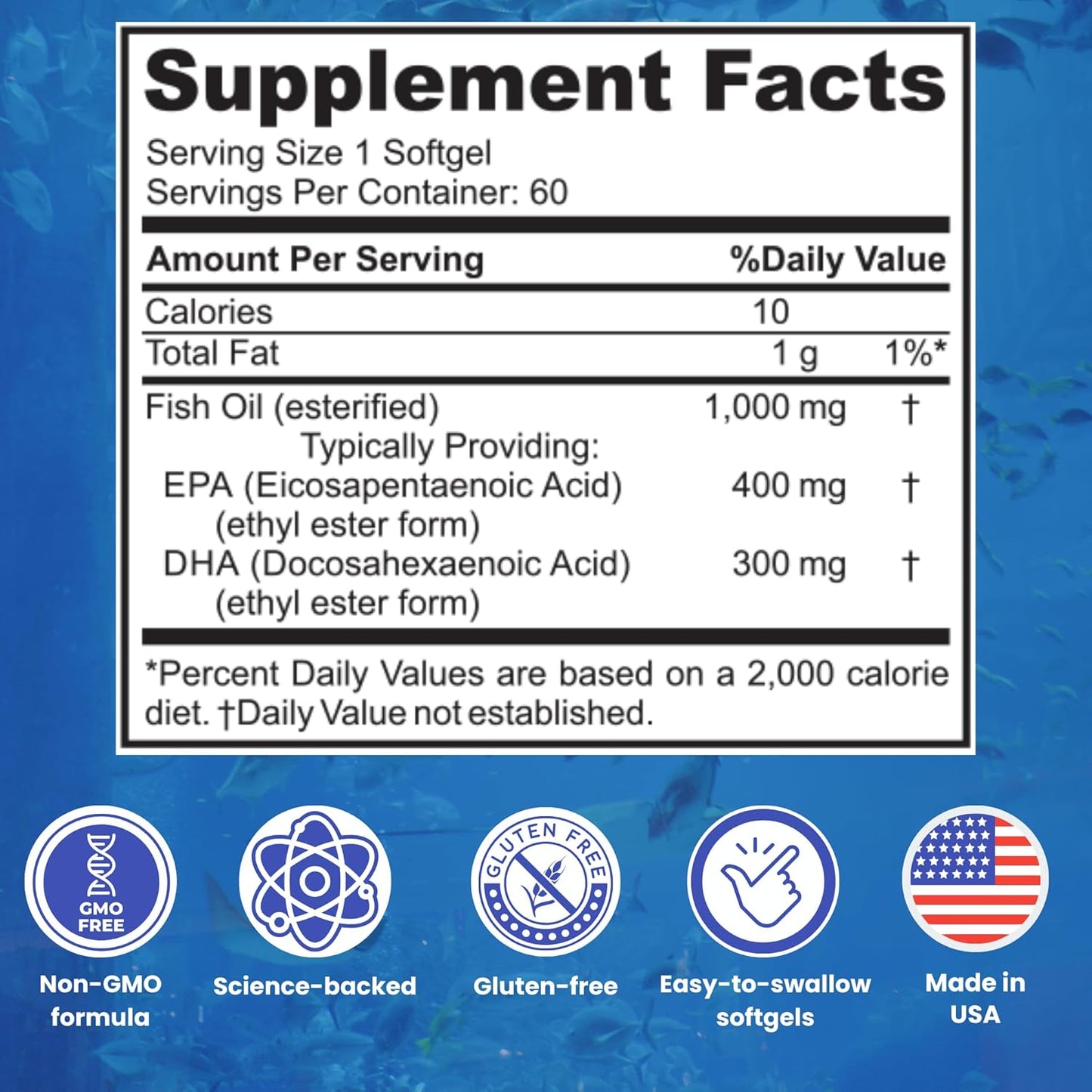 High EPA & DHA Concentration Omega 3 Fish Oil Supplements for Heart, Brain & Joint Health - Non-GMO, Purity-Tested - 60 Softgels