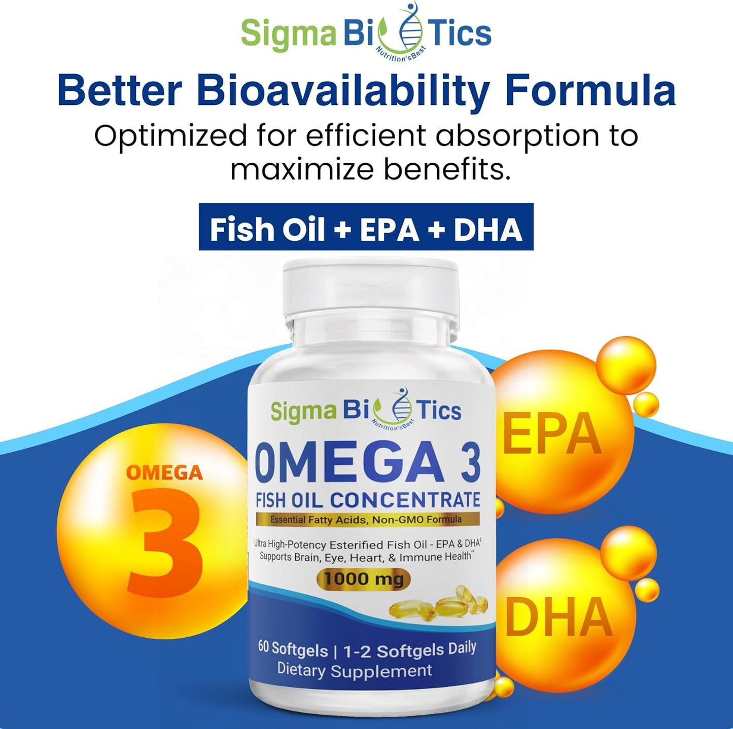 High EPA & DHA Concentration Omega 3 Fish Oil Supplements for Heart, Brain & Joint Health - Non-GMO, Purity-Tested - 60 Softgels