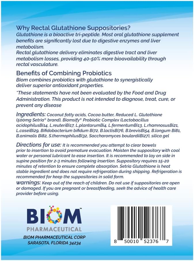 High Potency 500mg Reduced L-Glutathione Suppository with Probiotics for Maximum Antioxidant Benefits (Setria Brand)