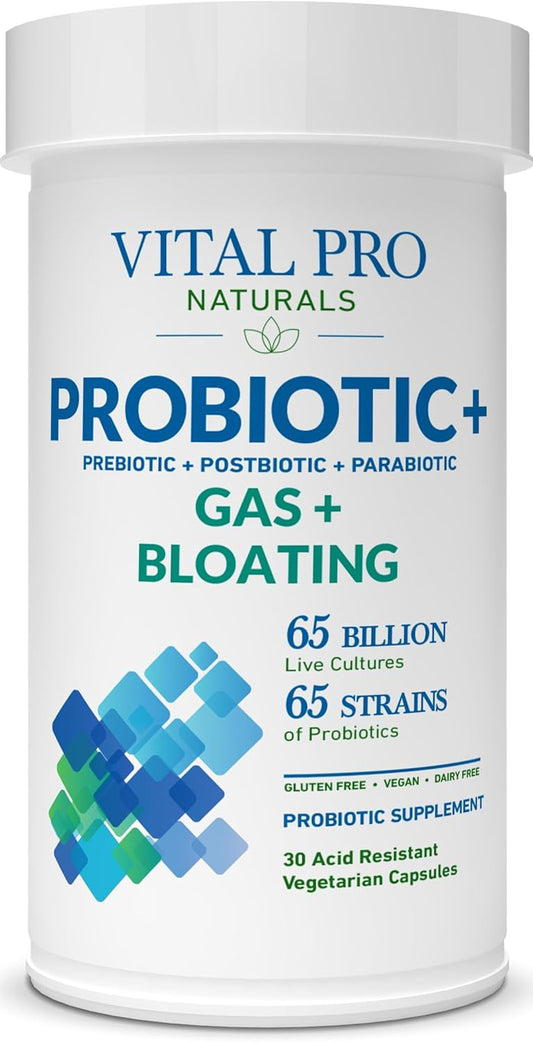High Potency Gas & Bloating Probiotics + Prebiotics for Adults - 65 Strains, 30 ct - Digestive & Immune Support