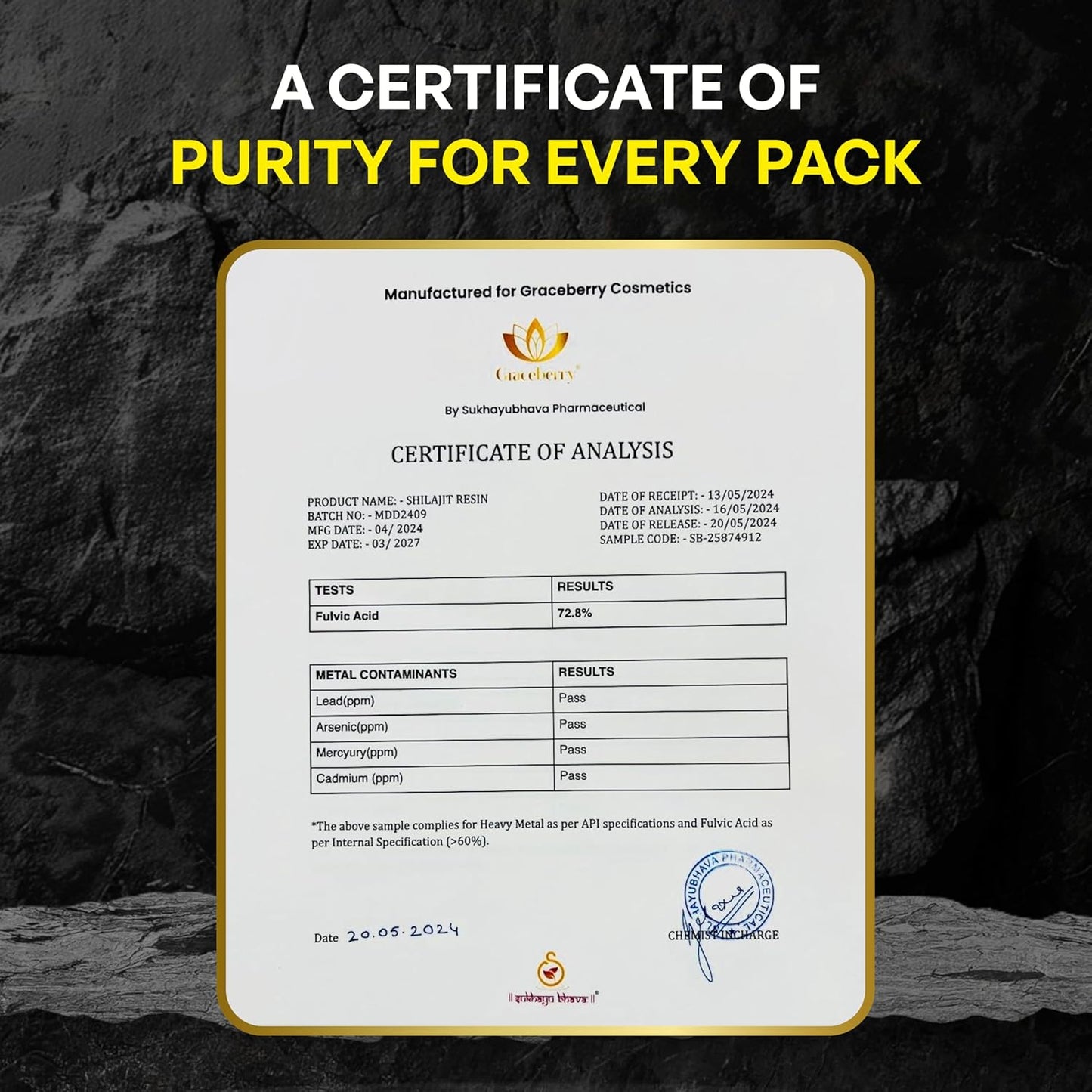 High Potency Graceberry Gold Shilajit Resin Supplement - Pure Himalayan Shilajit for Energy & Immune Support - 72% Fulvic Acid - Lab-Tested (20gm x 1)