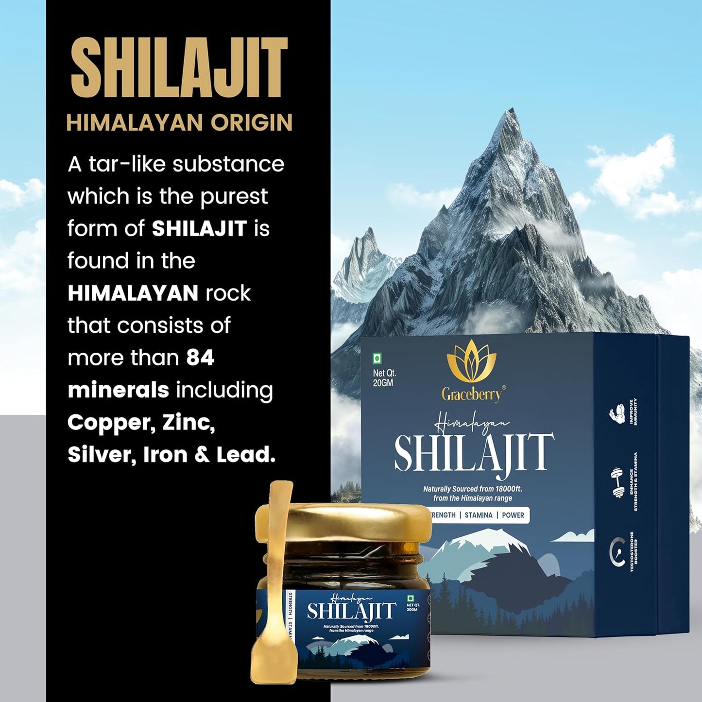 High Potency Graceberry Gold Shilajit Resin Supplement - Pure Himalayan Shilajit for Energy & Immune Support - 72% Fulvic Acid - Lab-Tested (20gm x 1)