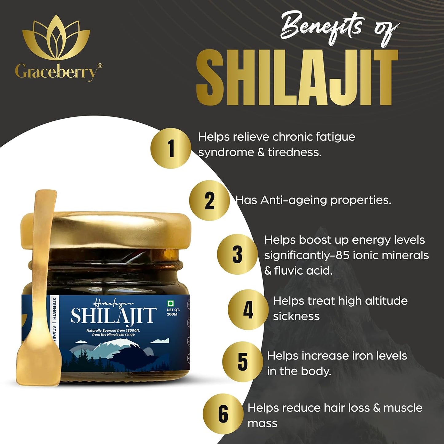 High Potency Graceberry Gold Shilajit Resin Supplement - Pure Himalayan Shilajit for Energy & Immune Support - 72% Fulvic Acid - Lab-Tested (20gm x 1)
