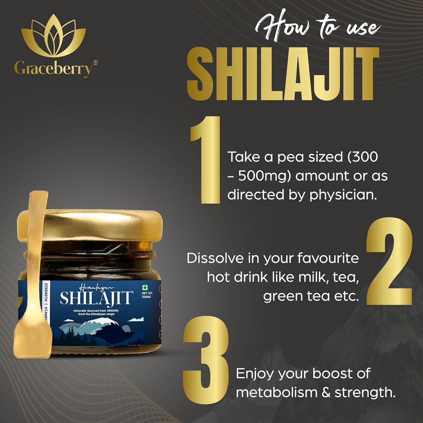 High Potency Graceberry Gold Shilajit Resin Supplement - Pure Himalayan Shilajit for Energy & Immune Support - 72% Fulvic Acid - Lab-Tested (20gm x 1)
