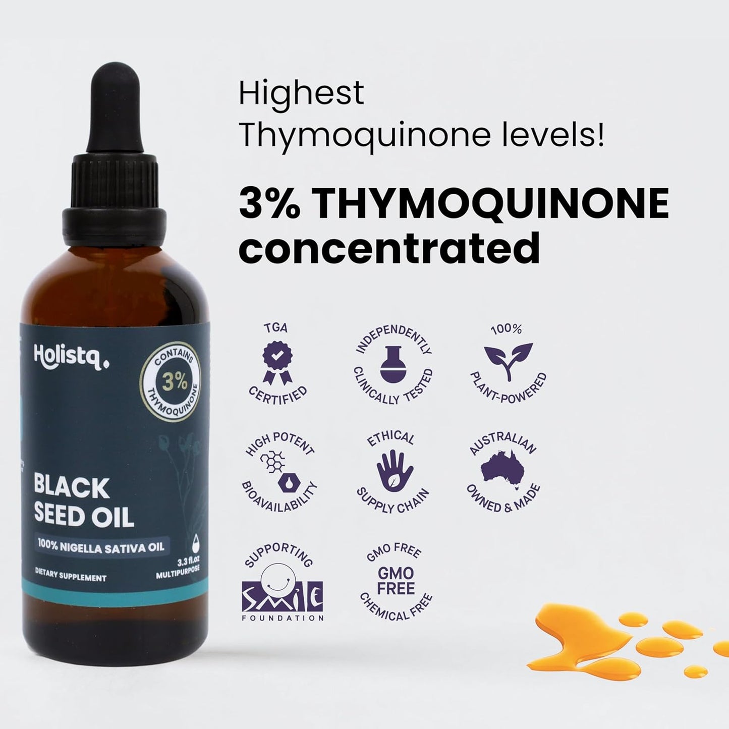 High Potency HOLISTQ Black Seed Oil Liquid Drops with 3% Thymoquinone - 100mL Cold Pressed Black Cumin Nigella Sativa for Immune, Heart, Skin & Hair - Non-GMO Vegan Omega 369 Support