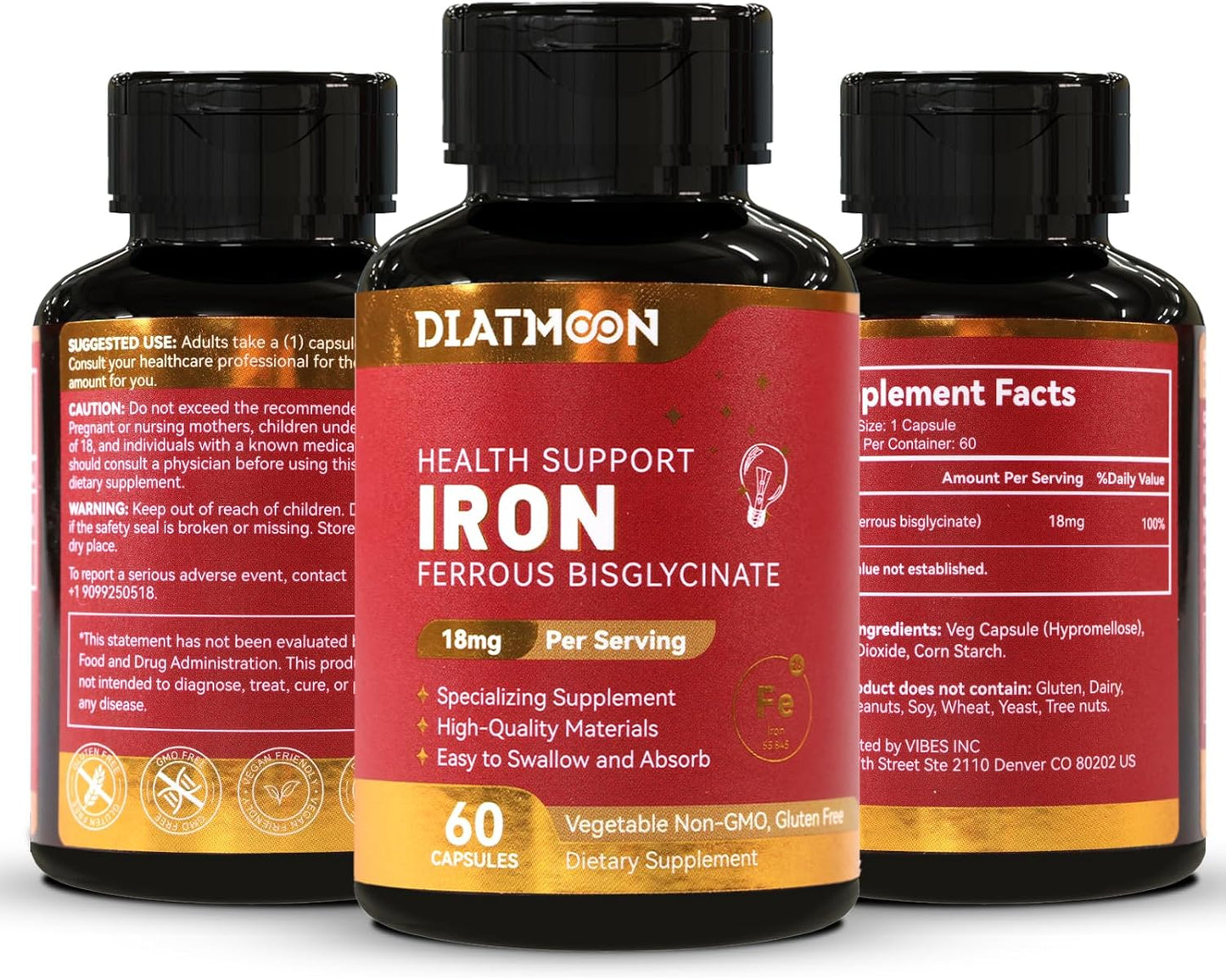 High Potency Iron Supplement 18mg - Ferrous Bisglycinate for Women & Men - Easily Absorbed Veg Capsules - Non-Gluten, GMOs-Free - 60 Count (2 Pack)