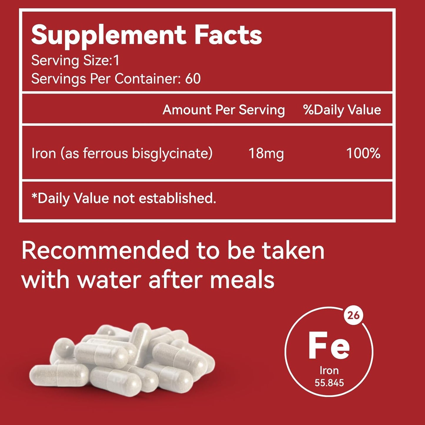 High Potency Iron Supplement 18mg - Ferrous Bisglycinate for Women & Men - Easily Absorbed Veg Capsules - Non-Gluten, GMOs-Free - 60 Count (2 Pack)
