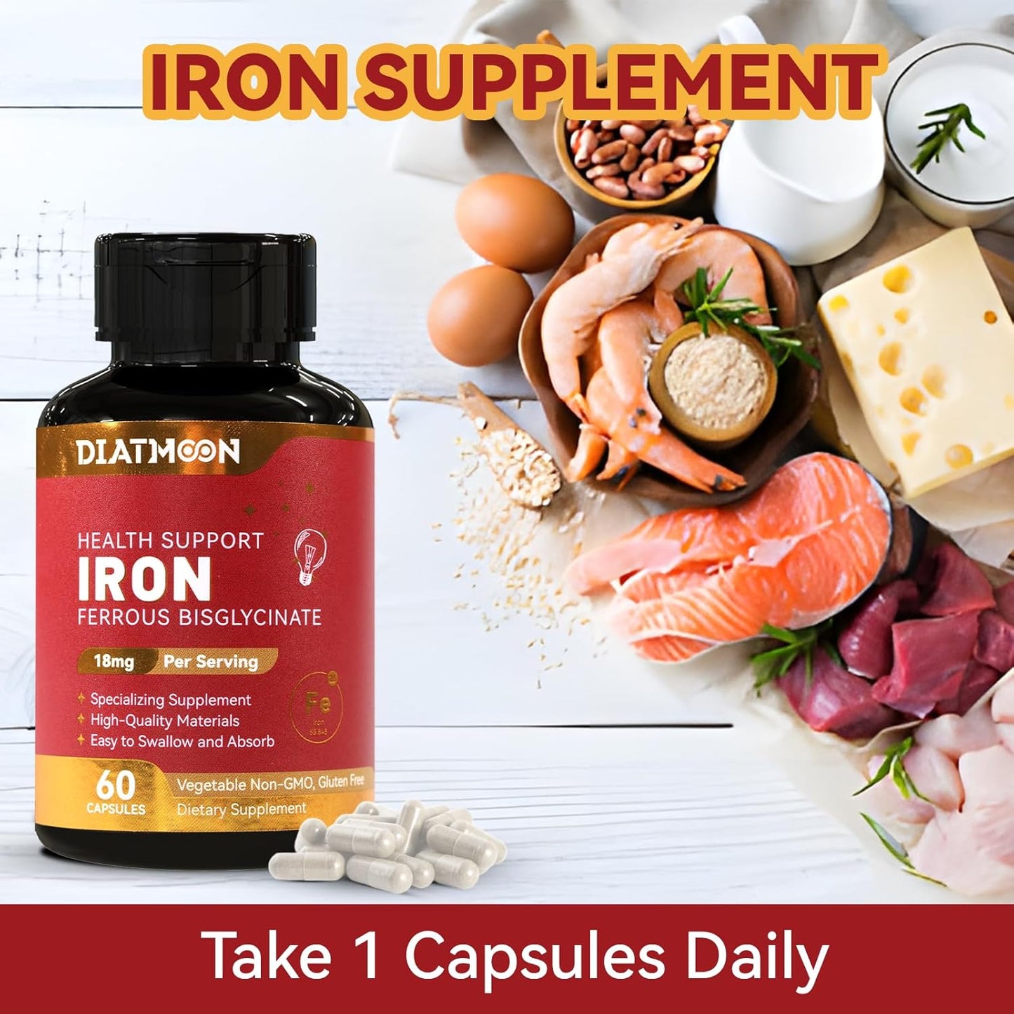 High Potency Iron Supplement 18mg - Ferrous Bisglycinate for Women & Men - Easily Absorbed Veg Capsules - Non-Gluten, GMOs-Free - 60 Count (2 Pack)