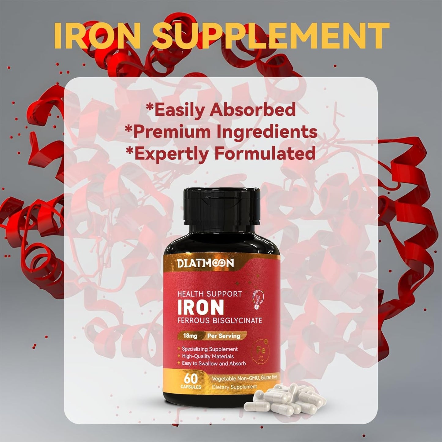 High Potency Iron Supplement 18mg - Ferrous Bisglycinate for Women & Men - Easily Absorbed Veg Capsules - Non-Gluten, GMOs-Free - 60 Count (2 Pack)