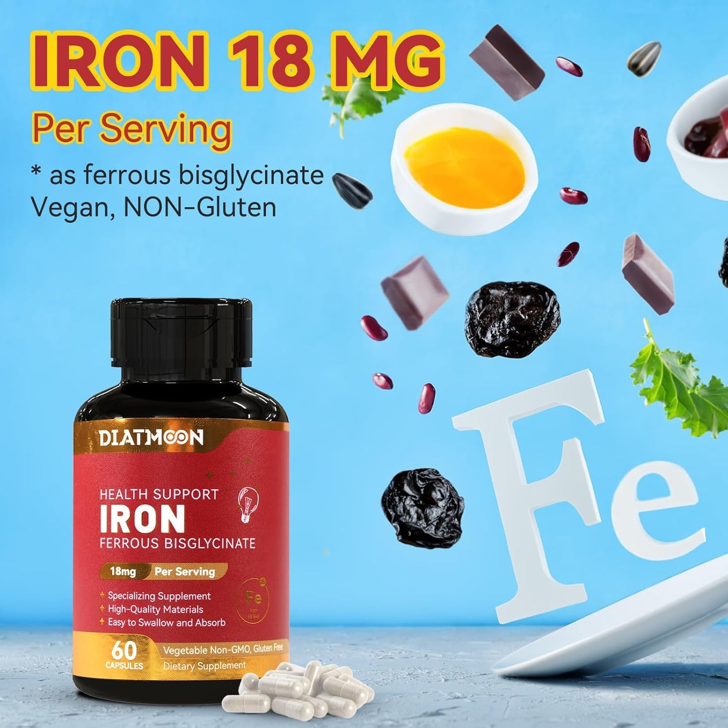 High Potency Iron Supplement 18mg - Ferrous Bisglycinate for Women & Men - Easily Absorbed Veg Capsules - Non-Gluten, GMOs-Free - 60 Count (2 Pack)