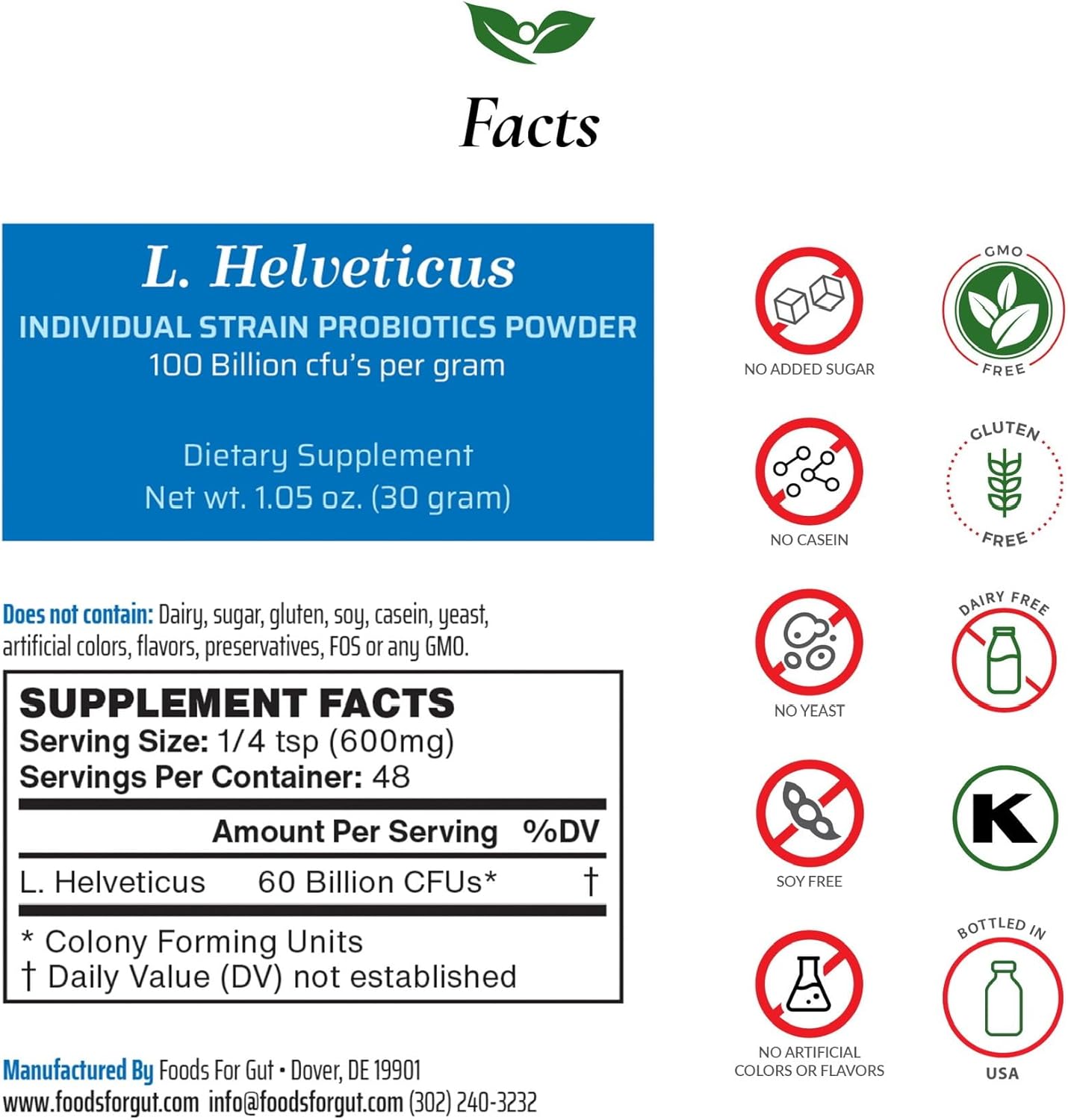 High Potency Lactobacillus Helveticus Probiotic Powder - 100 Billion cfu's, 30g - Digestive & Immune Support, No Additives