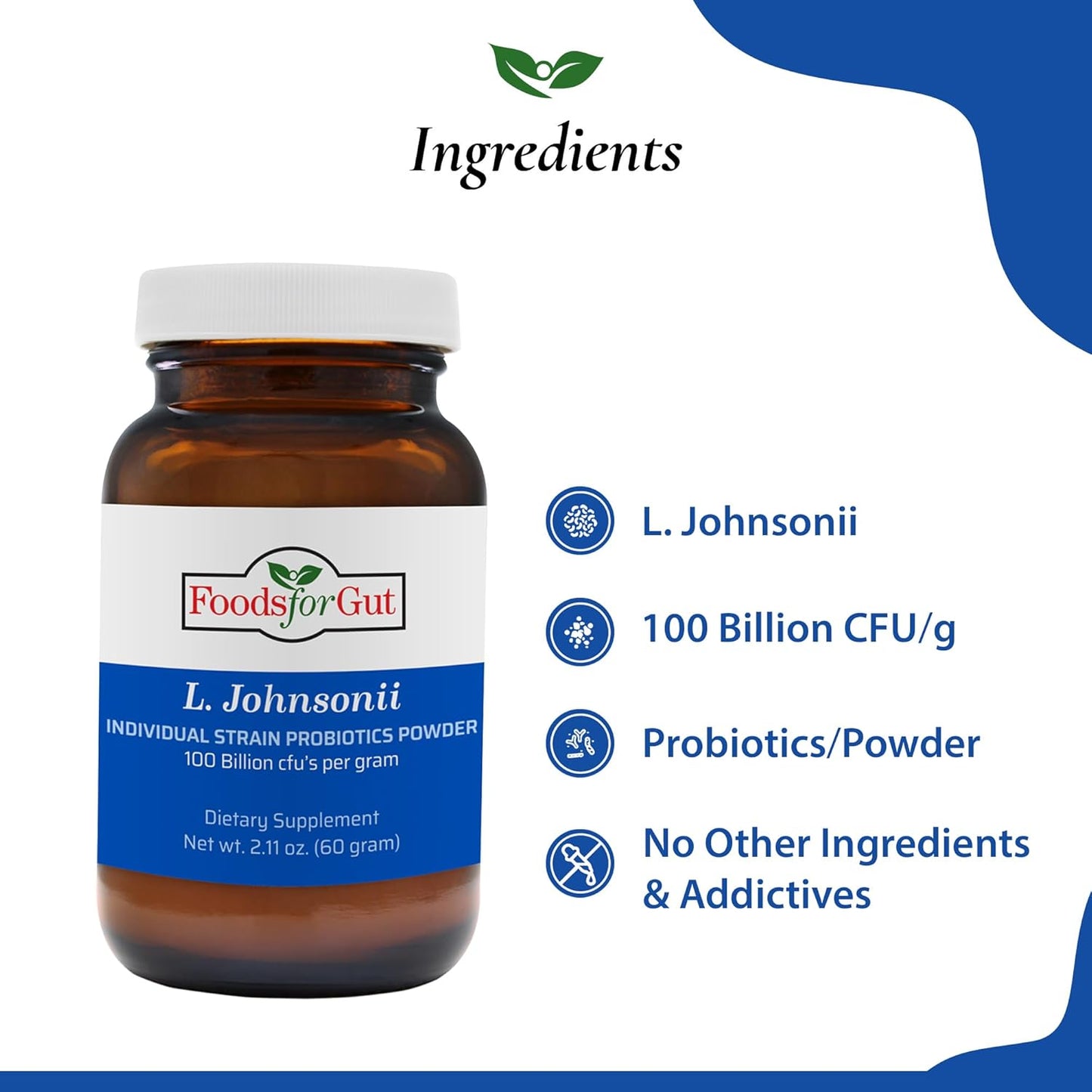 High Potency Lactobacillus Johnsonii Probiotic Powder - 100 Billion CFU's - Digestive & Immune Support - No Additives - 60g