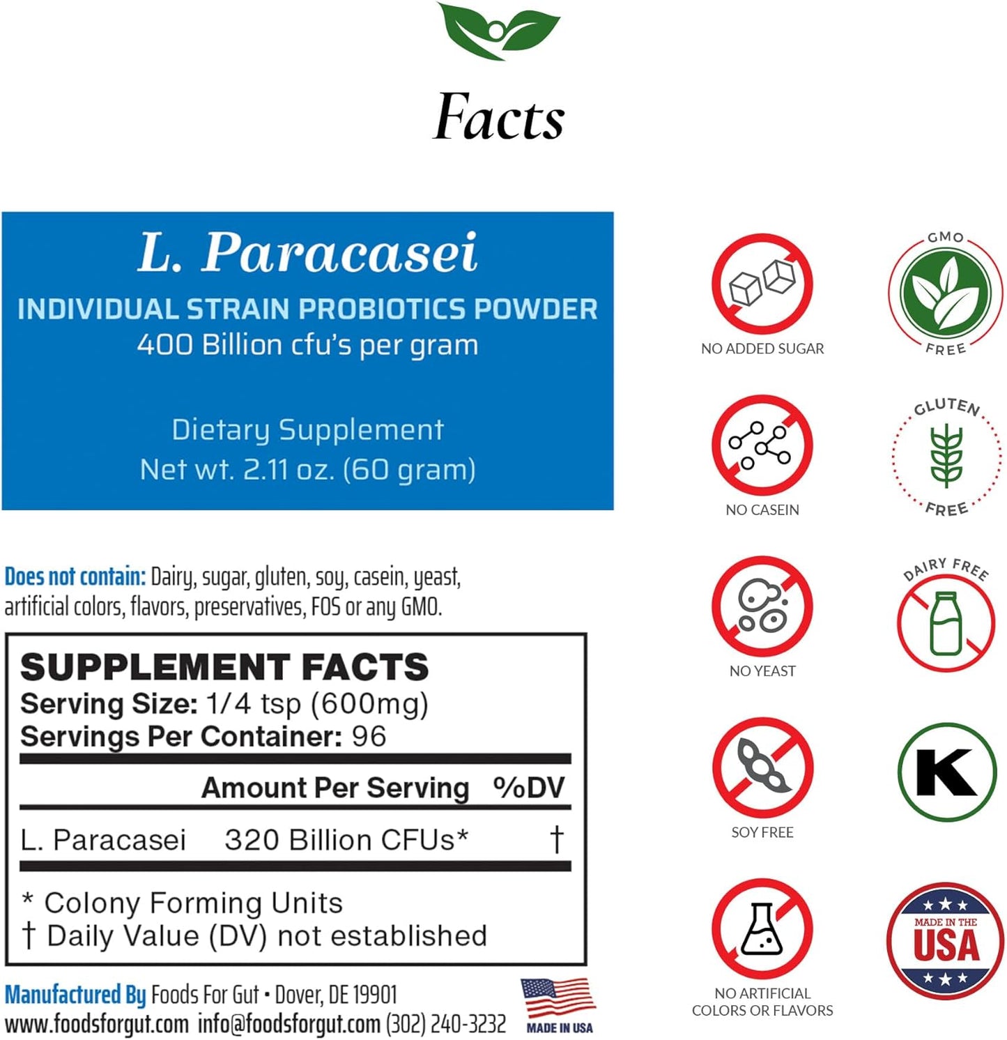 High Potency Lactobacillus Paracasei Probiotic Powder - 400 Billion cfu's - Made in USA - 60 Grams - Digestive & Immune Support