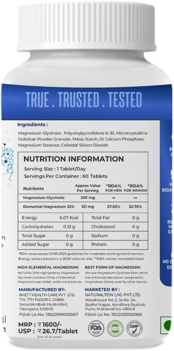 High Potency Magnesium Glycinate Supplement - 121mg Elemental Magnesium, 555mg Once Daily, Chelated Bisglycinate for Better Health & Sleep - Men & Women