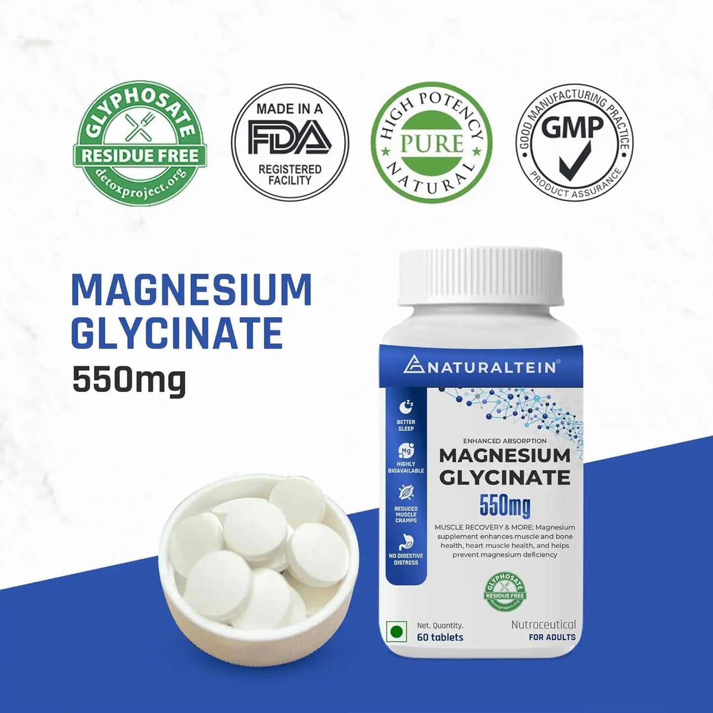 High Potency Magnesium Glycinate Supplement - 121mg Elemental Magnesium, 555mg Once Daily, Chelated Bisglycinate for Better Health & Sleep - Men & Women