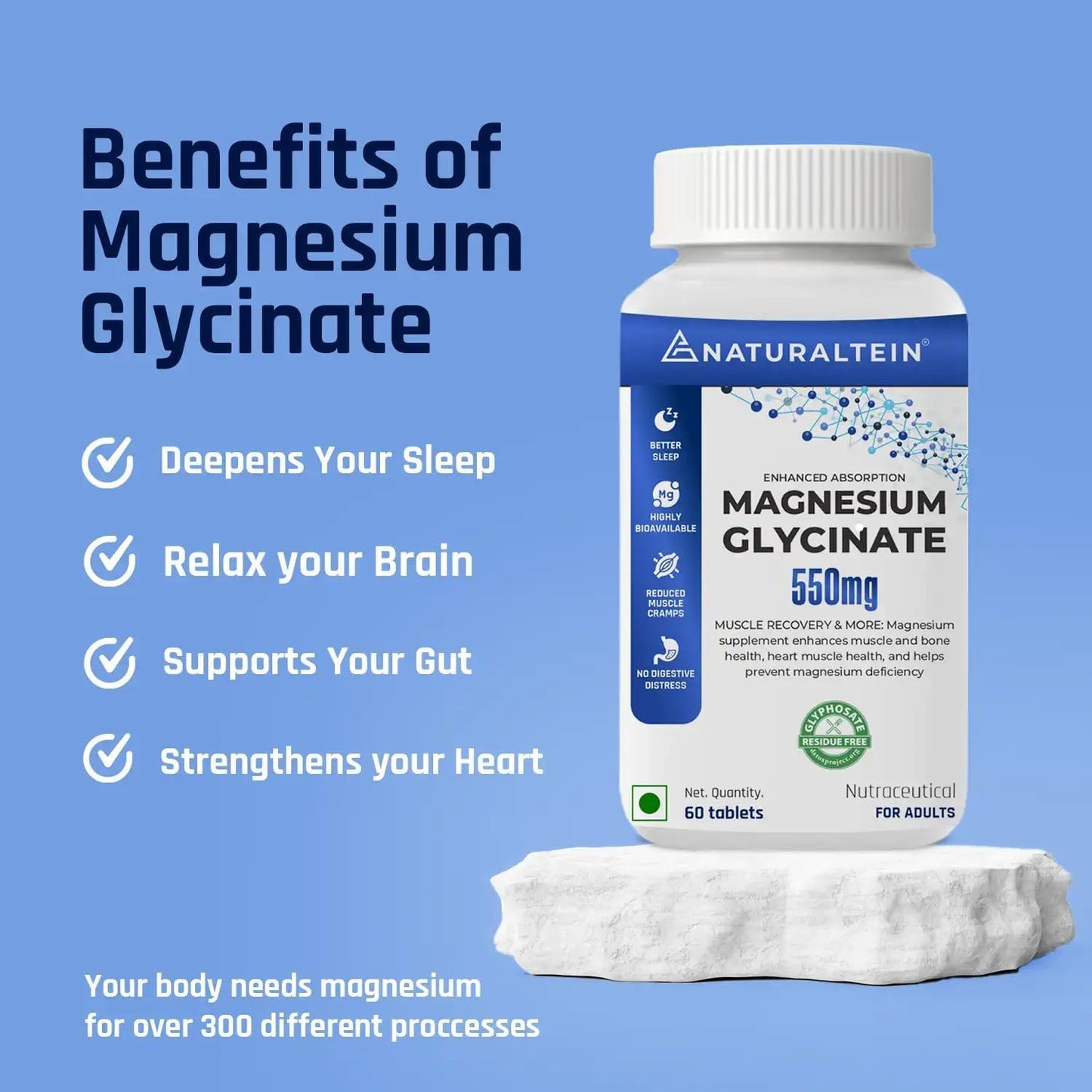 High Potency Magnesium Glycinate Supplement - 121mg Elemental Magnesium, 555mg Once Daily, Chelated Bisglycinate for Better Health & Sleep - Men & Women