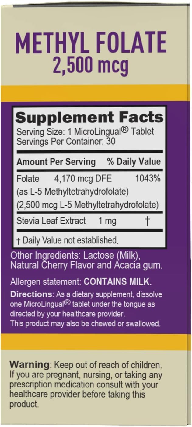 High Potency Methylfolate 5-MTHF 2,500 mcg Tablets - 30 Ct - Cardiovascular & Energy Support - Non-GMO - Quick Dissolve