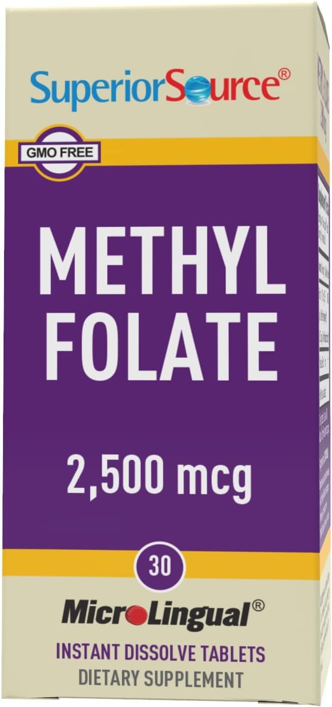 High Potency Methylfolate 5-MTHF 2,500 mcg Tablets - 30 Ct - Cardiovascular & Energy Support - Non-GMO - Quick Dissolve