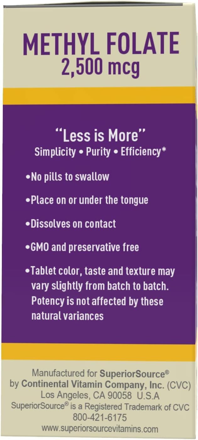 High Potency Methylfolate 5-MTHF 2,500 mcg Tablets - 30 Ct - Cardiovascular & Energy Support - Non-GMO - Quick Dissolve