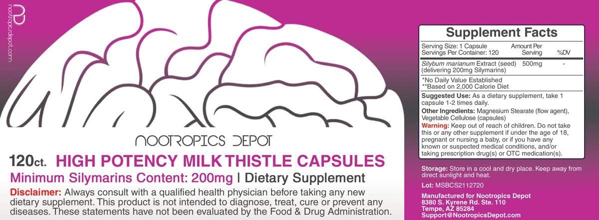High Potency Milk Thistle Extract Capsules | 200mg Silymarins | 120 Count | Nootropics Depot