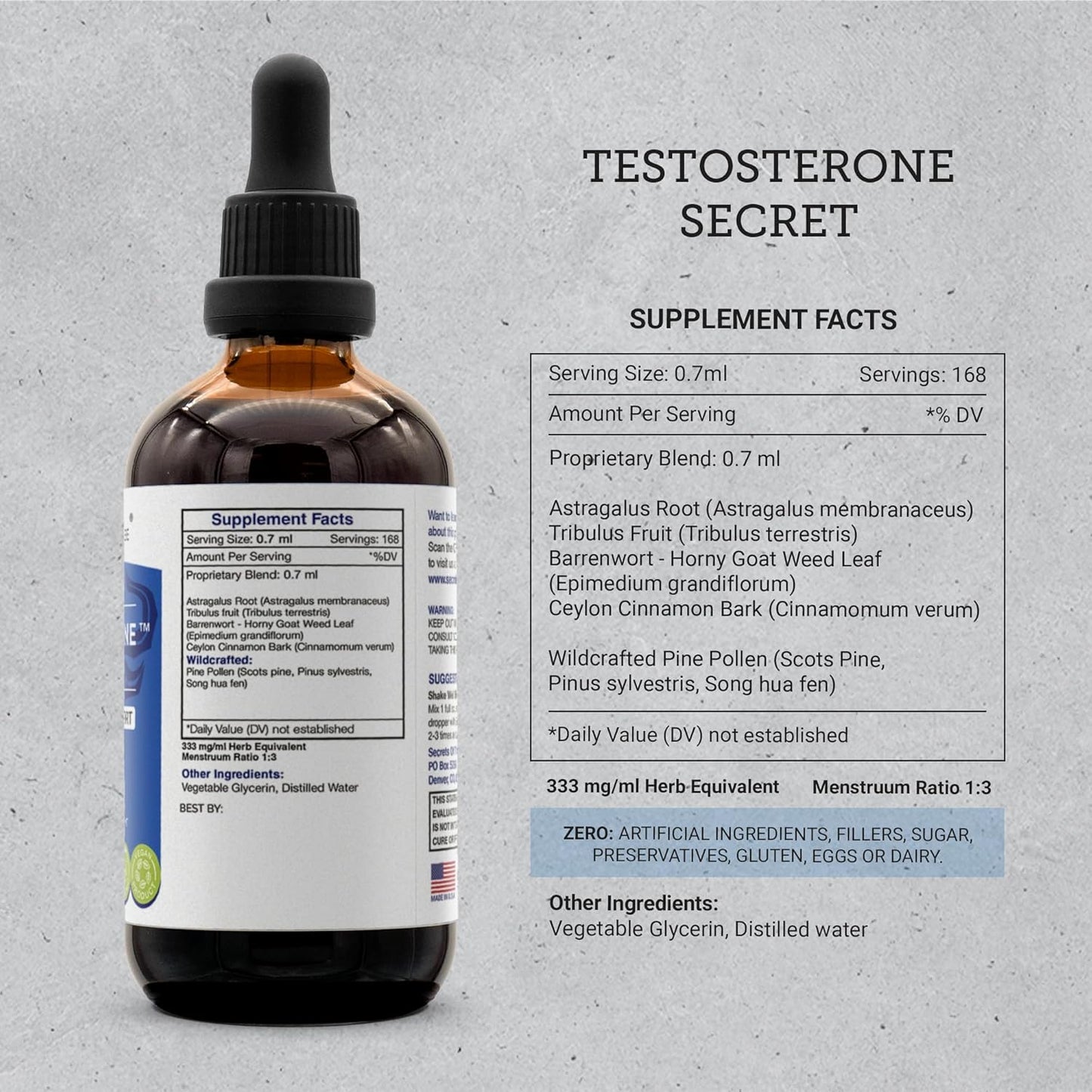 High-Potency Testosterone Support Herbal Drops with Pine Pollen, Astragalus, and Horny Goat Weed - 4 oz Alcohol-Free Tincture