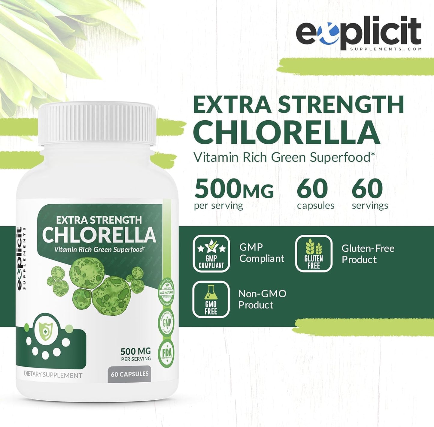 High Potency Vegan Chlorella Superfood Capsules - 1000mg Daily, 60 Capsules