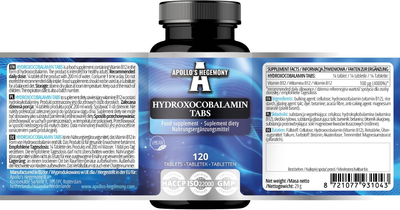 High Potency Vegan Hydroxocobalamin B12 Tablets - 480 Servings - Nervous System Support & Energy Boost - Dietary Supplement by APOLLO'S HEGEMONY