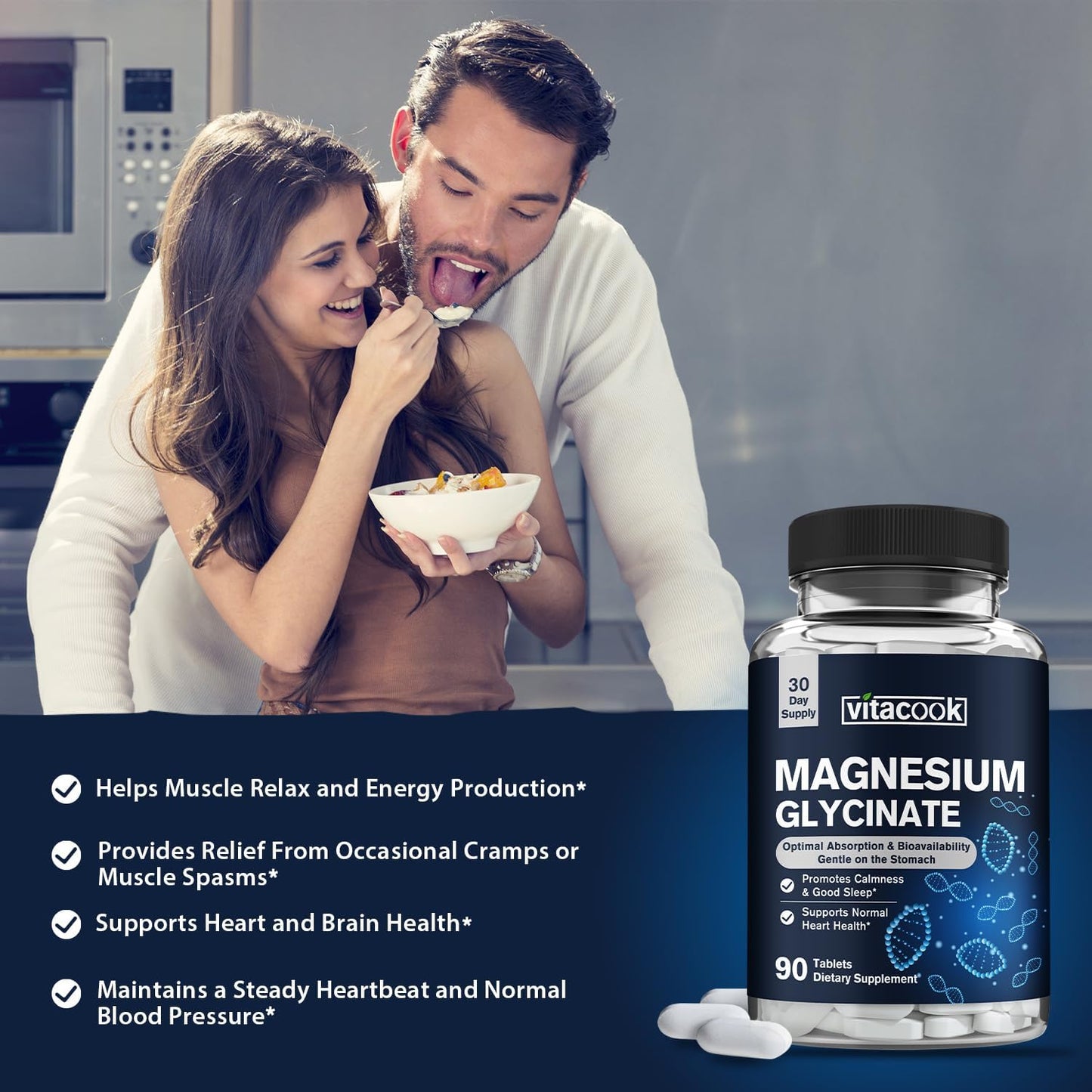 High Potency Vitacook Magnesium Glycinate Tablets - 300mg for Calmness, Mood & Heart Support - Non-GMO, Ultra-Absorbable - 90 Count